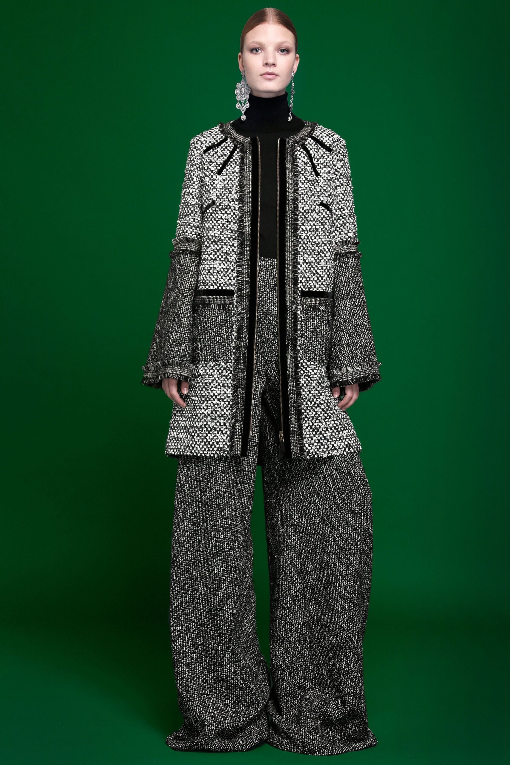 black and white wool coat with wide-leg pants