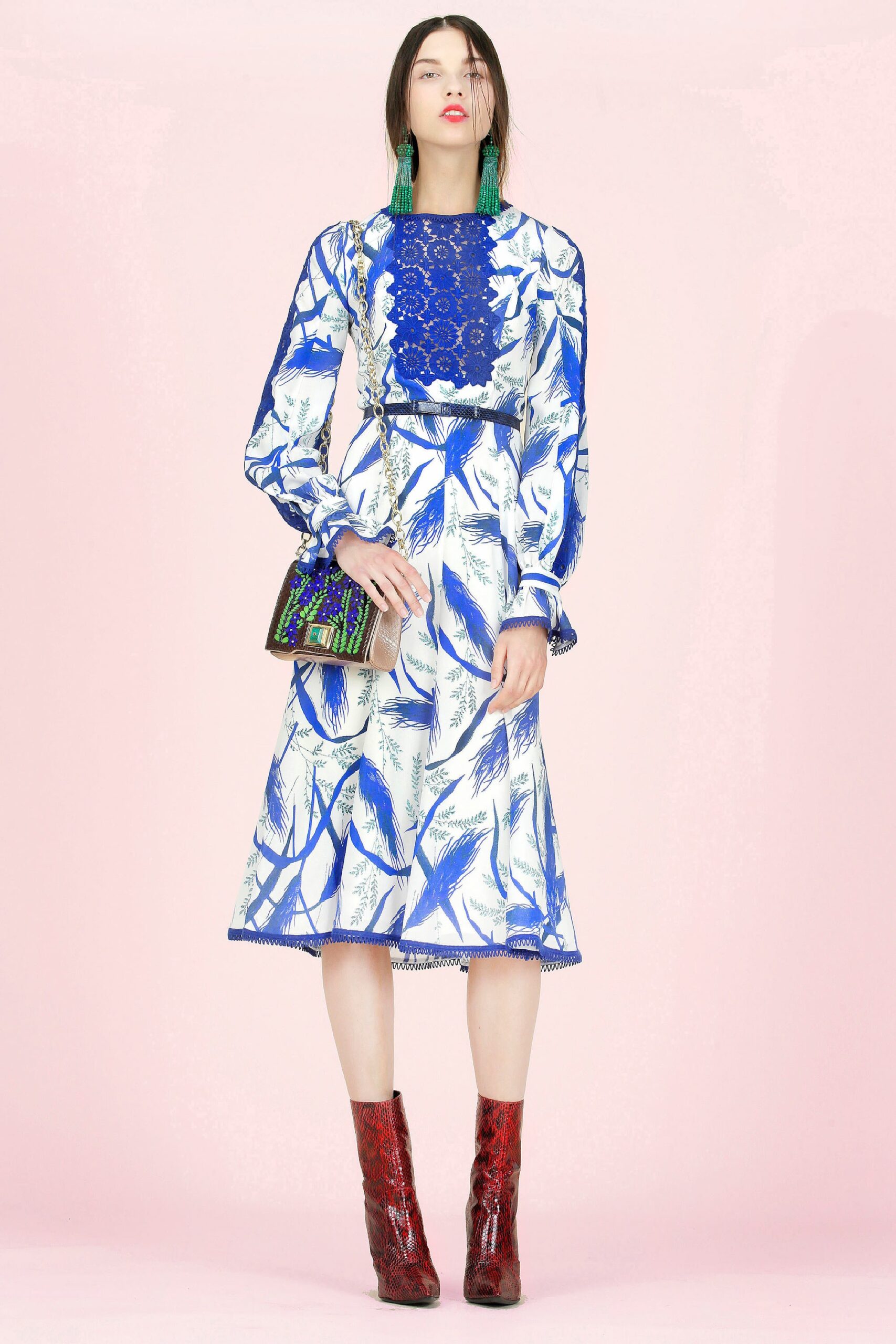 blue cotton long-sleeve high-neck fitted flared midi dress