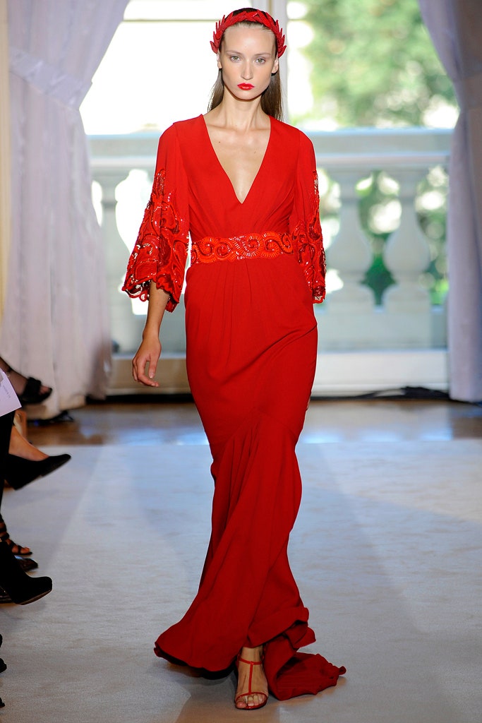 fitted red embroidered gown