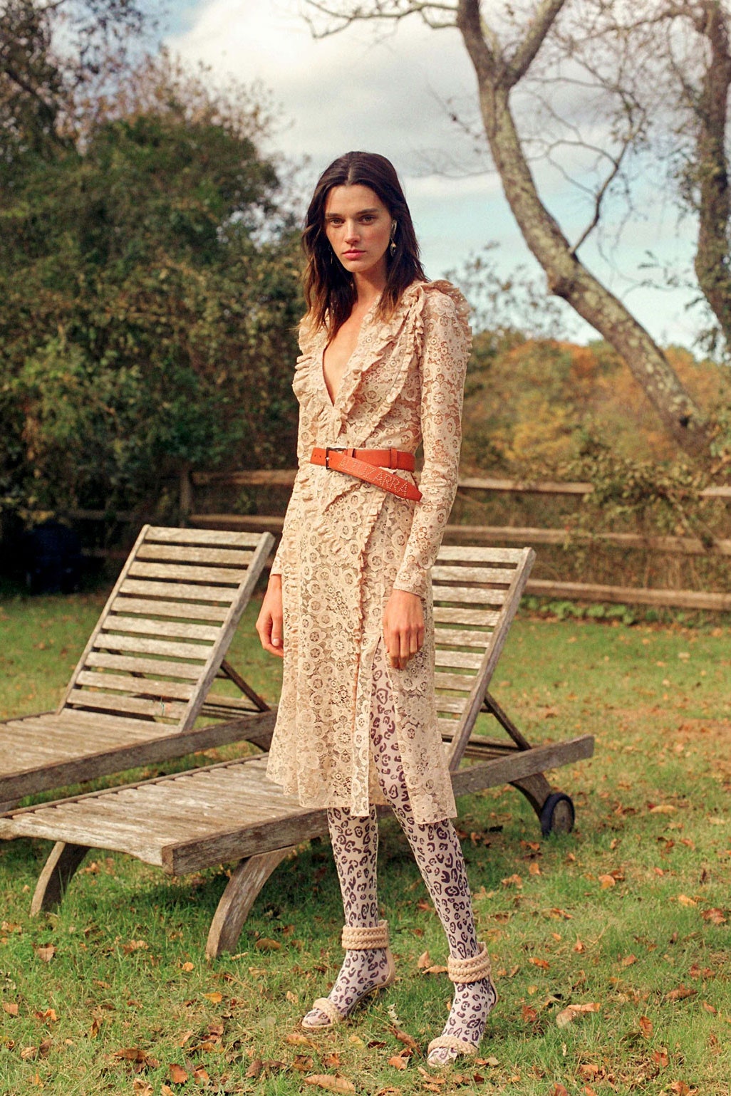 beige lace midi dress with leggings