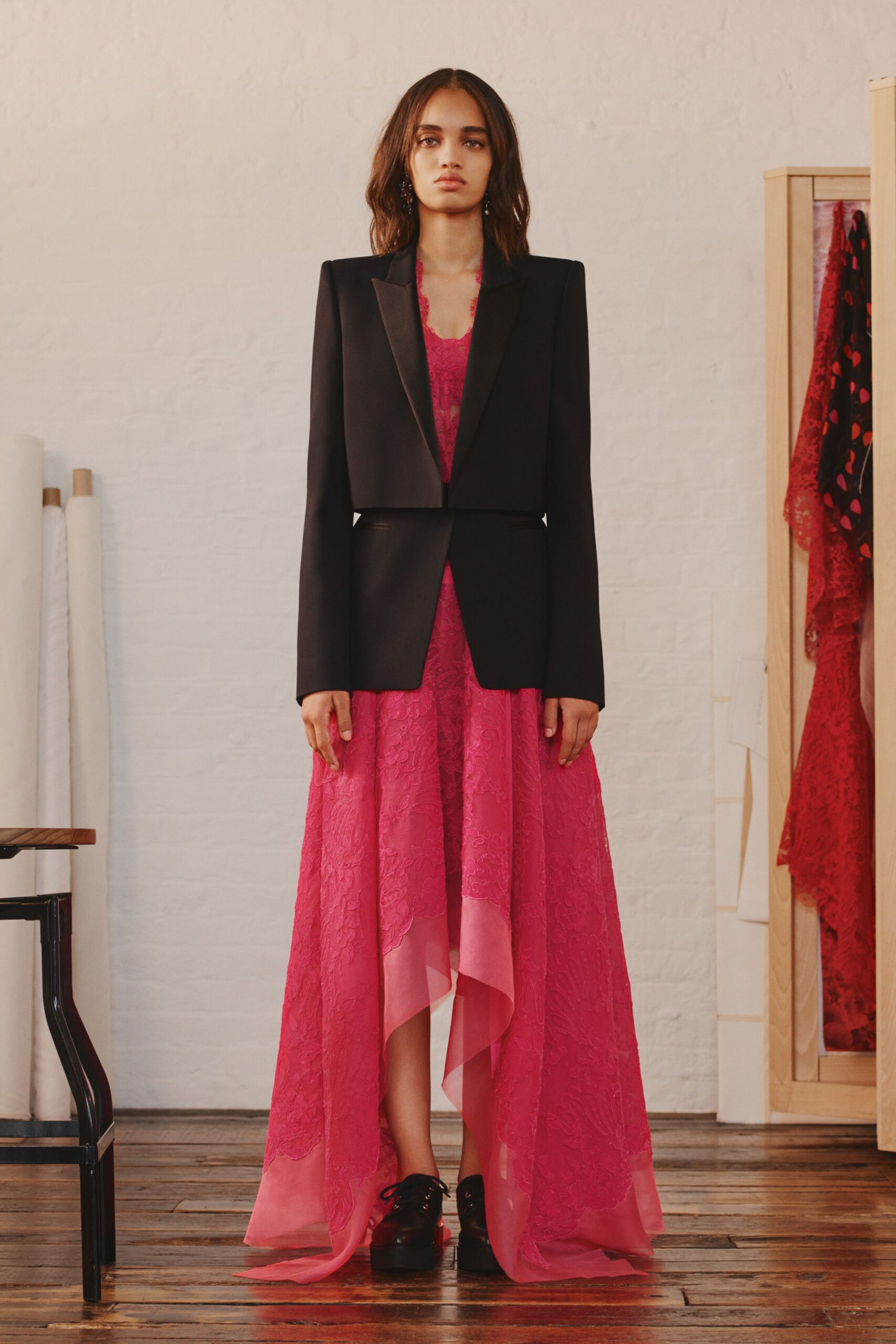 black blazer pink lace dress