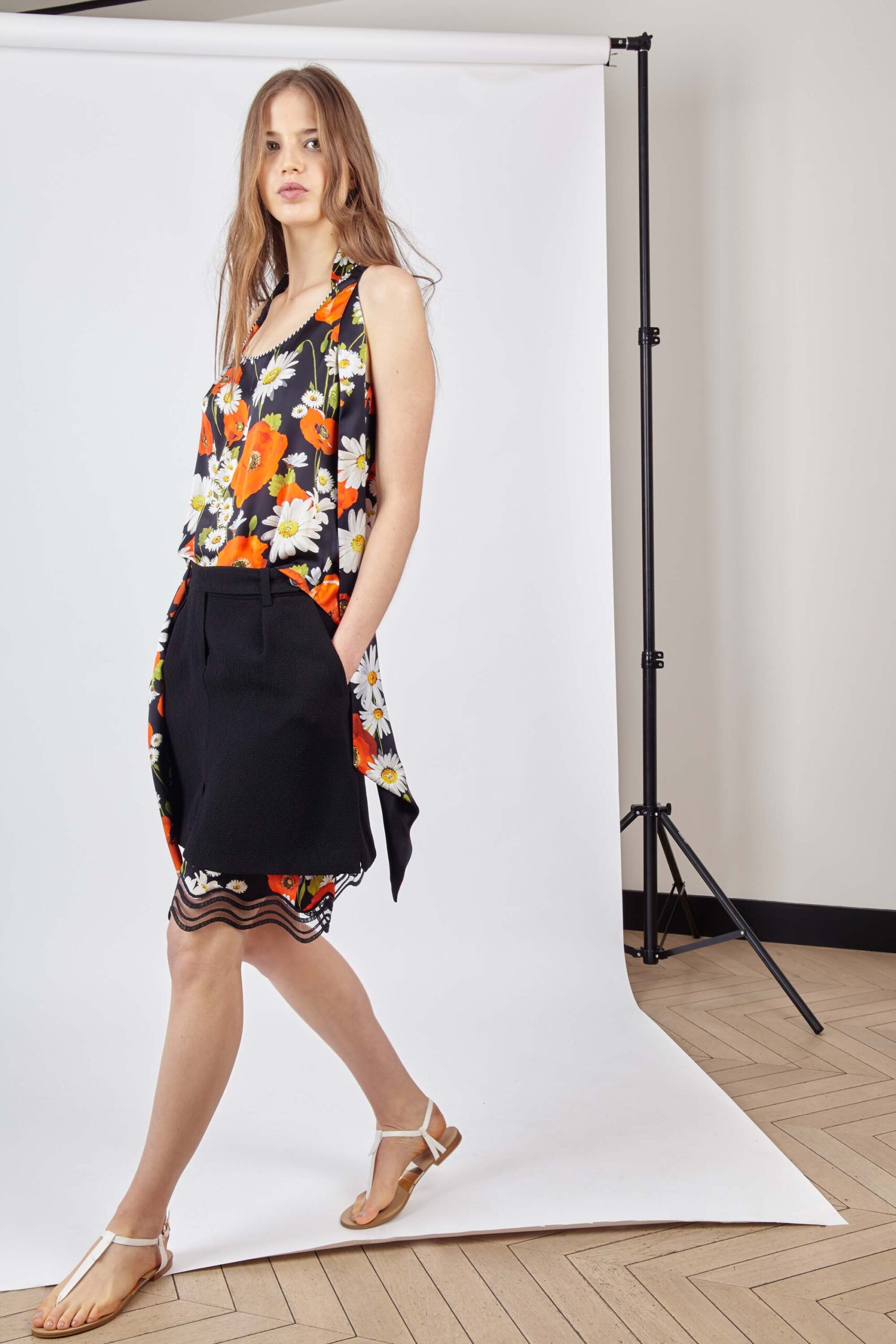 floral top with asymmetric skirt