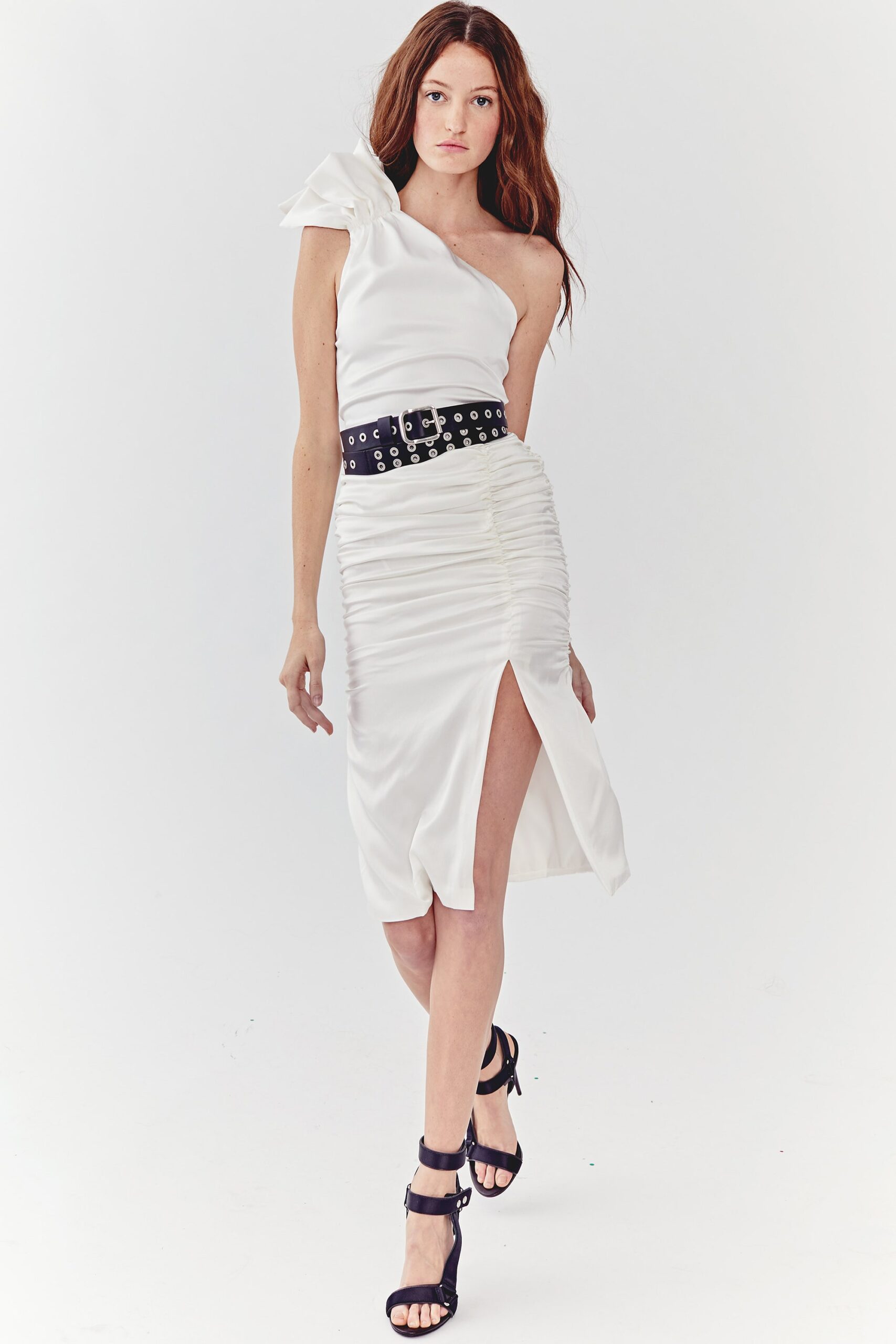 white silk fitted dress with belt