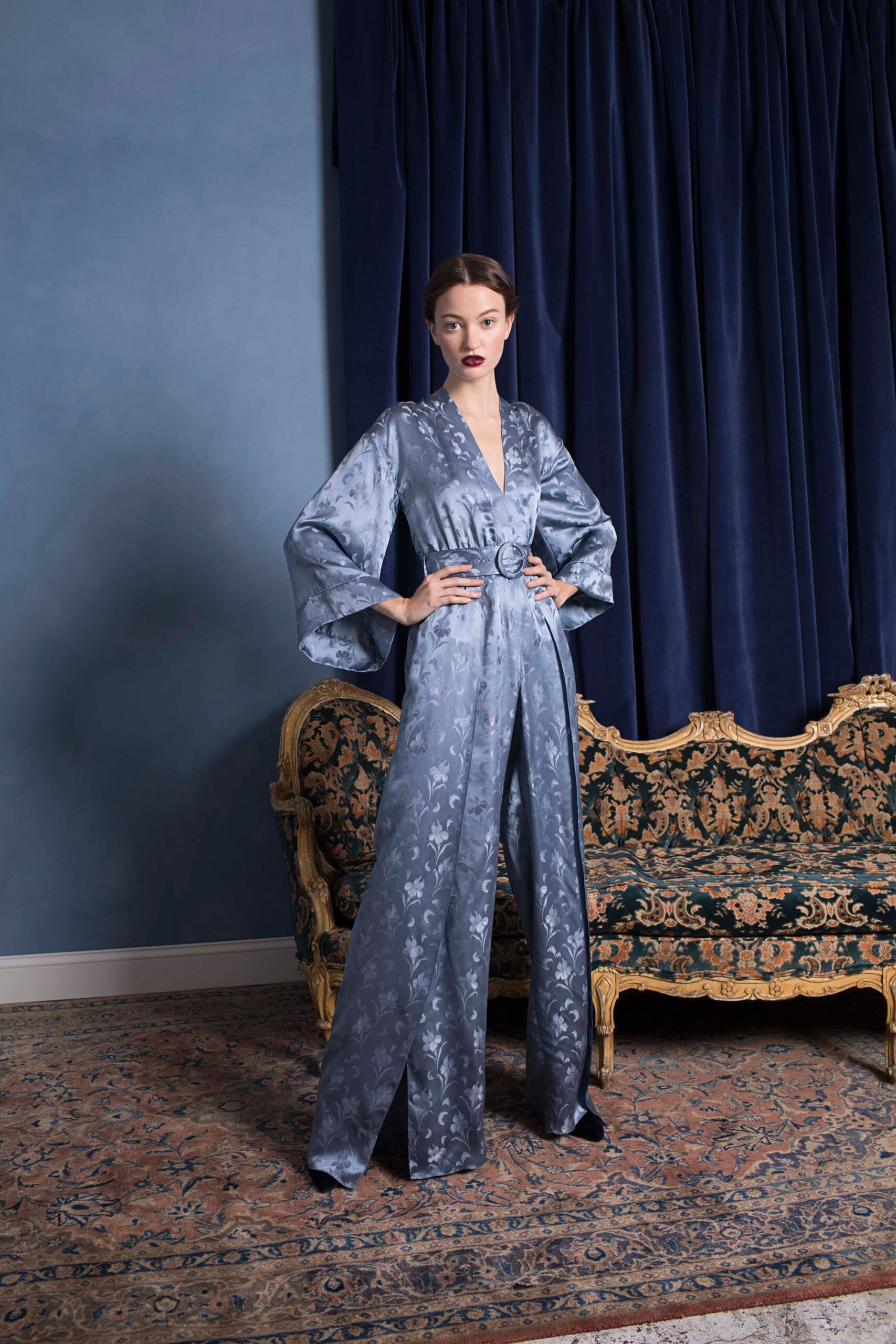 blue silk fitted jumpsuit