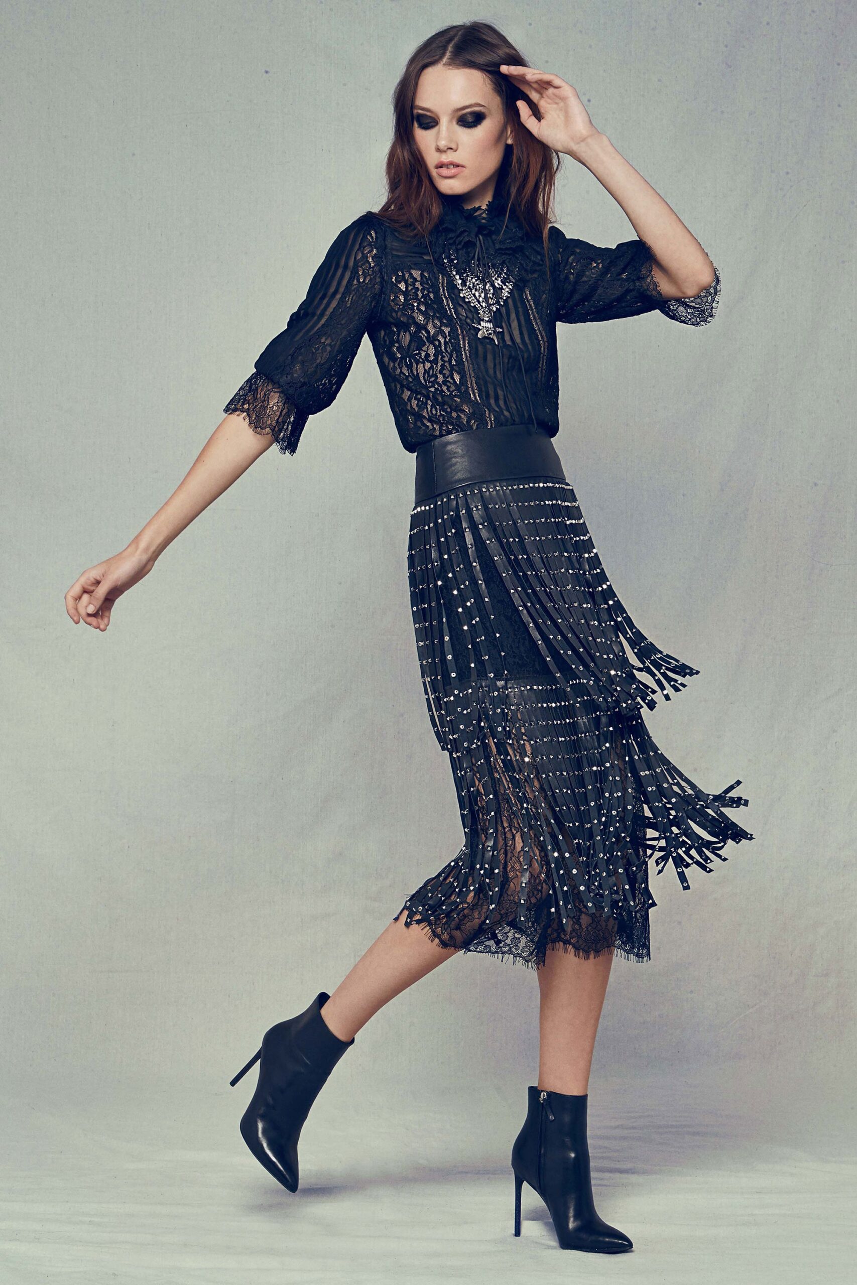 black lace blouse and skirt