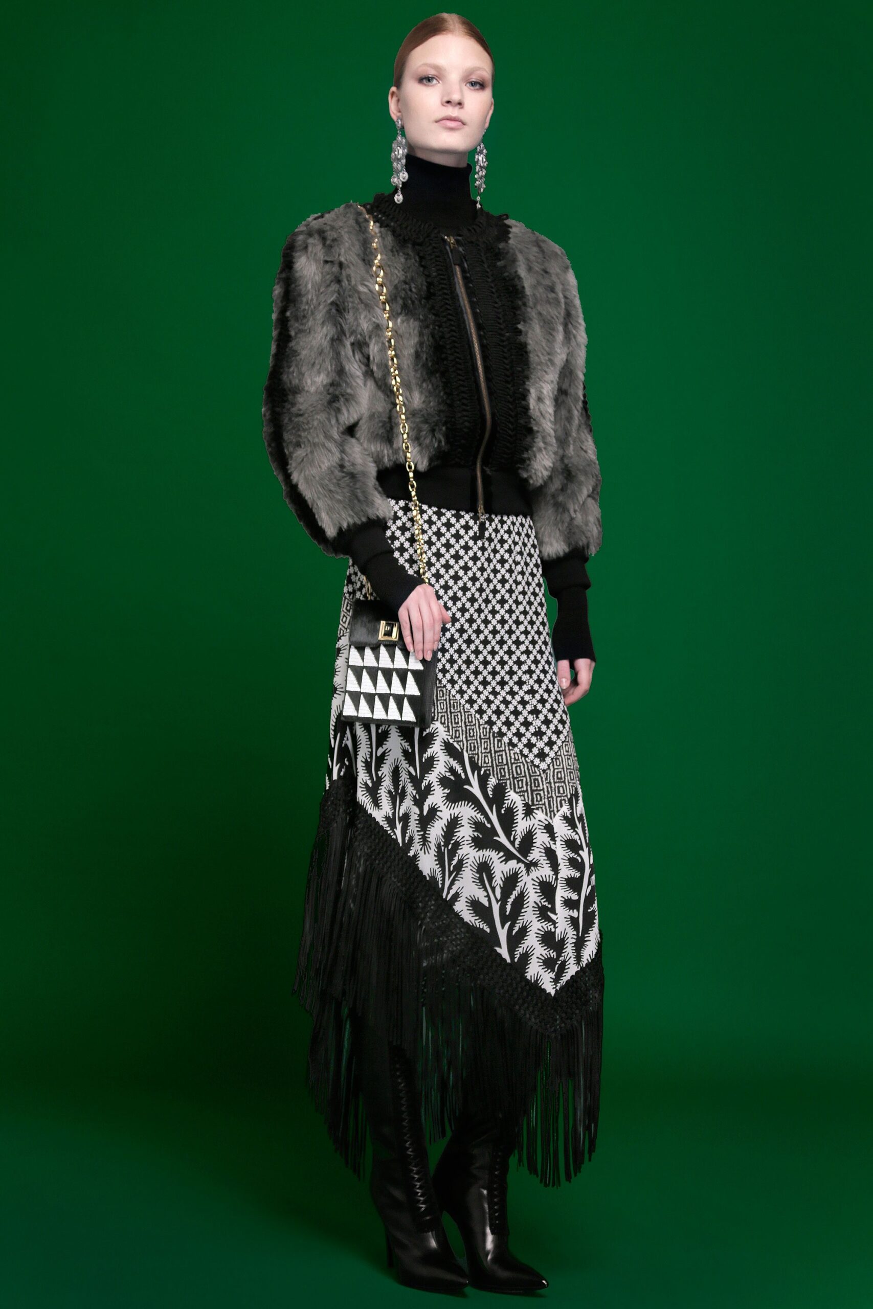 gray faux-fur long-sleeve collared fitted layered jacket
