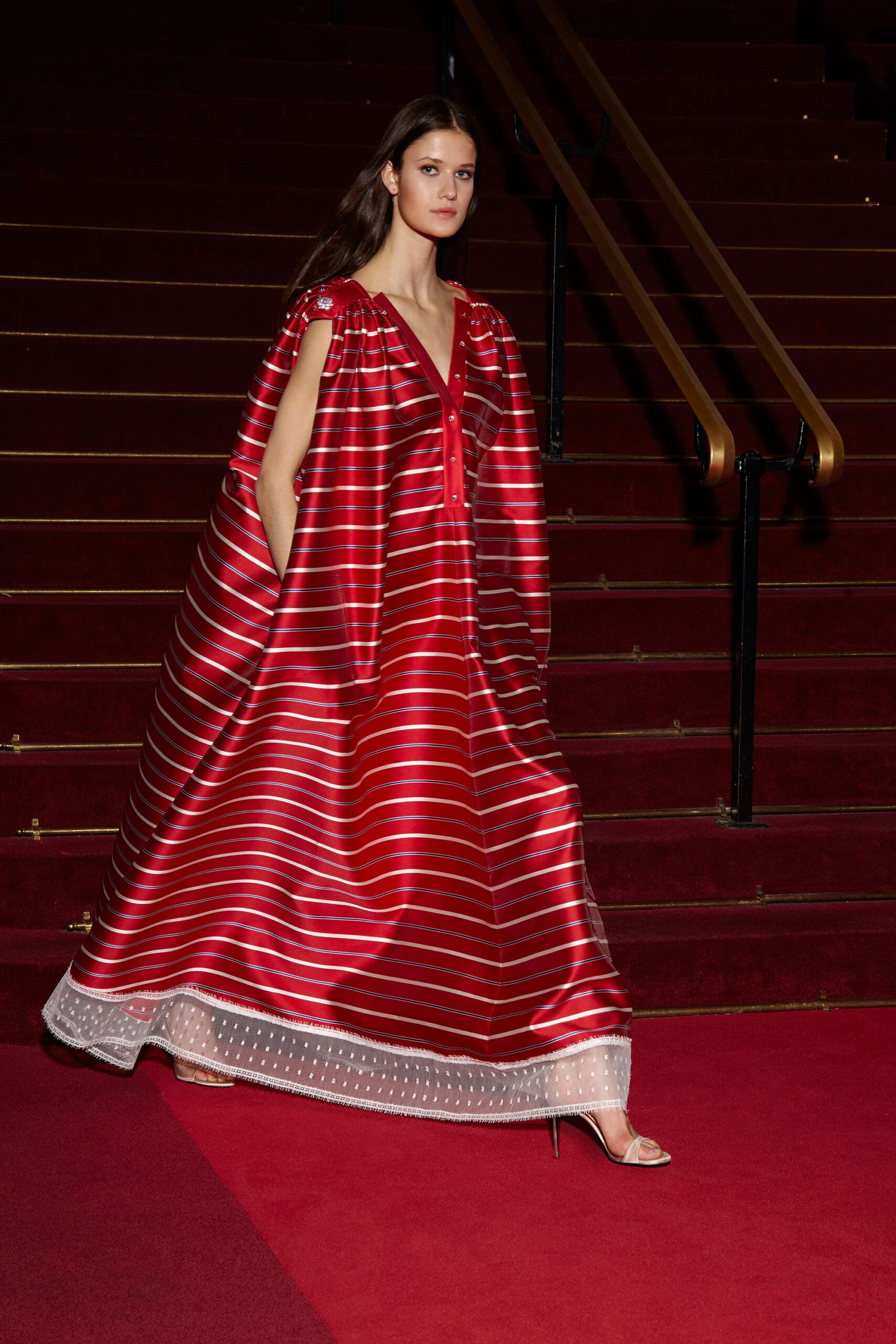 red striped silk dress and cape