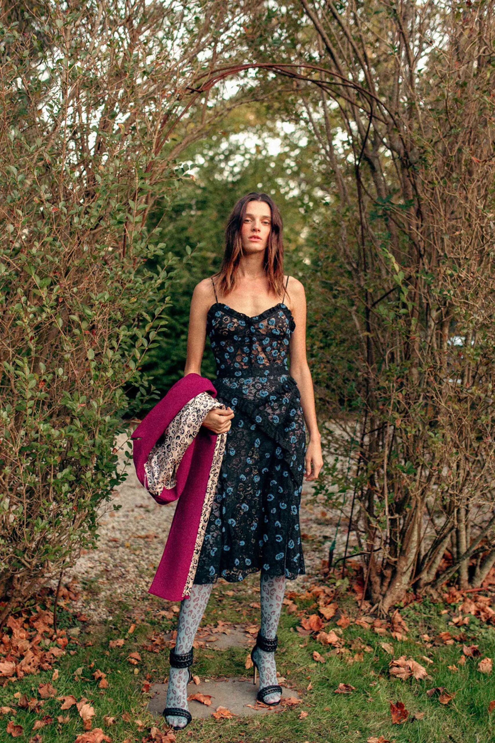 black floral midi dress with purple coat