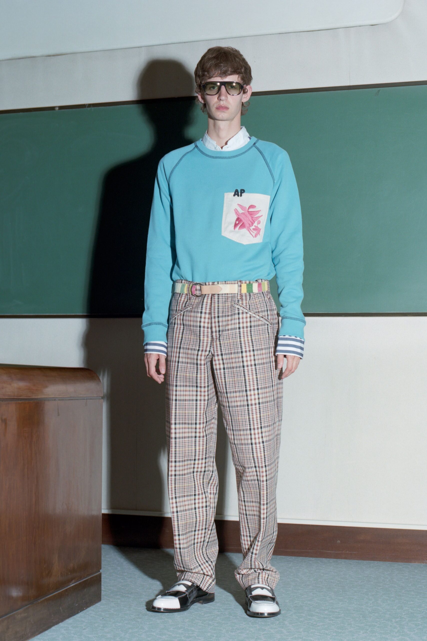blue cotton sweater with checked pants