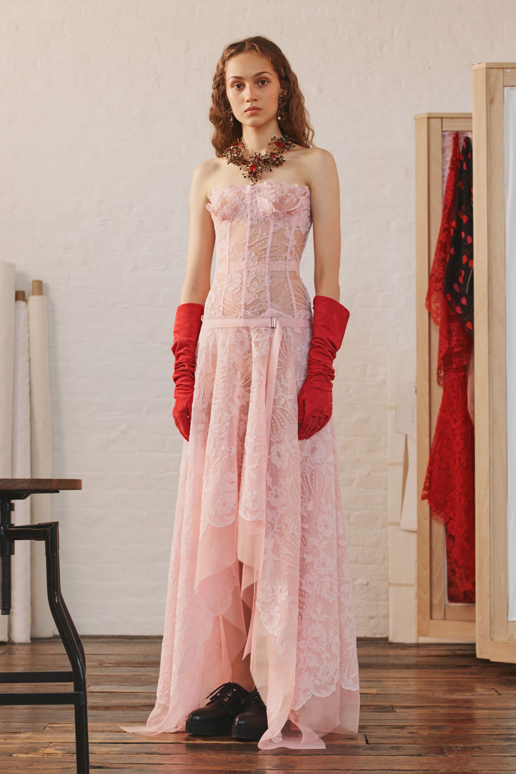 pink lace strapless fitted layered embroidered flowing gown
