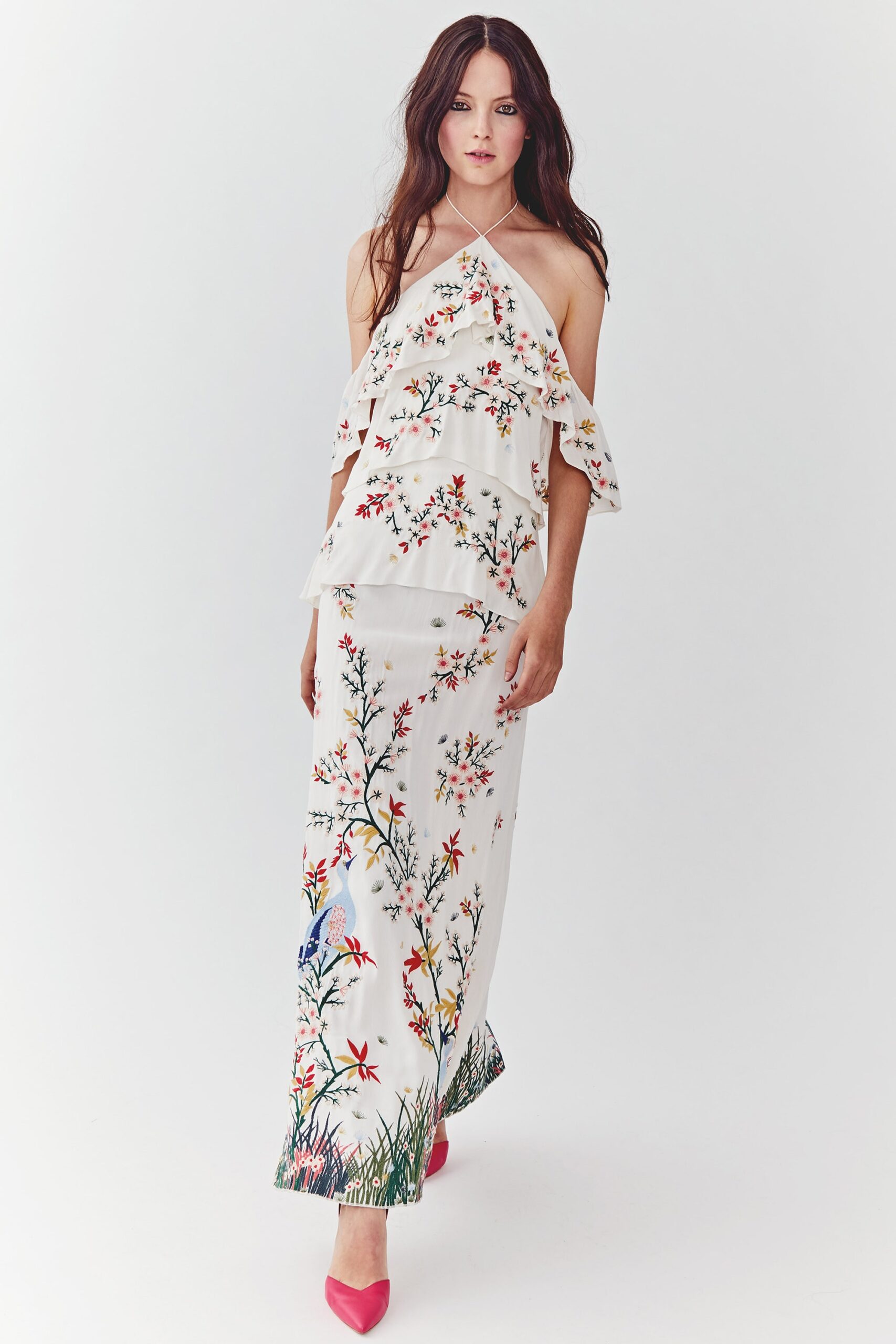 white embroidered off-shoulder top and maxi-dress