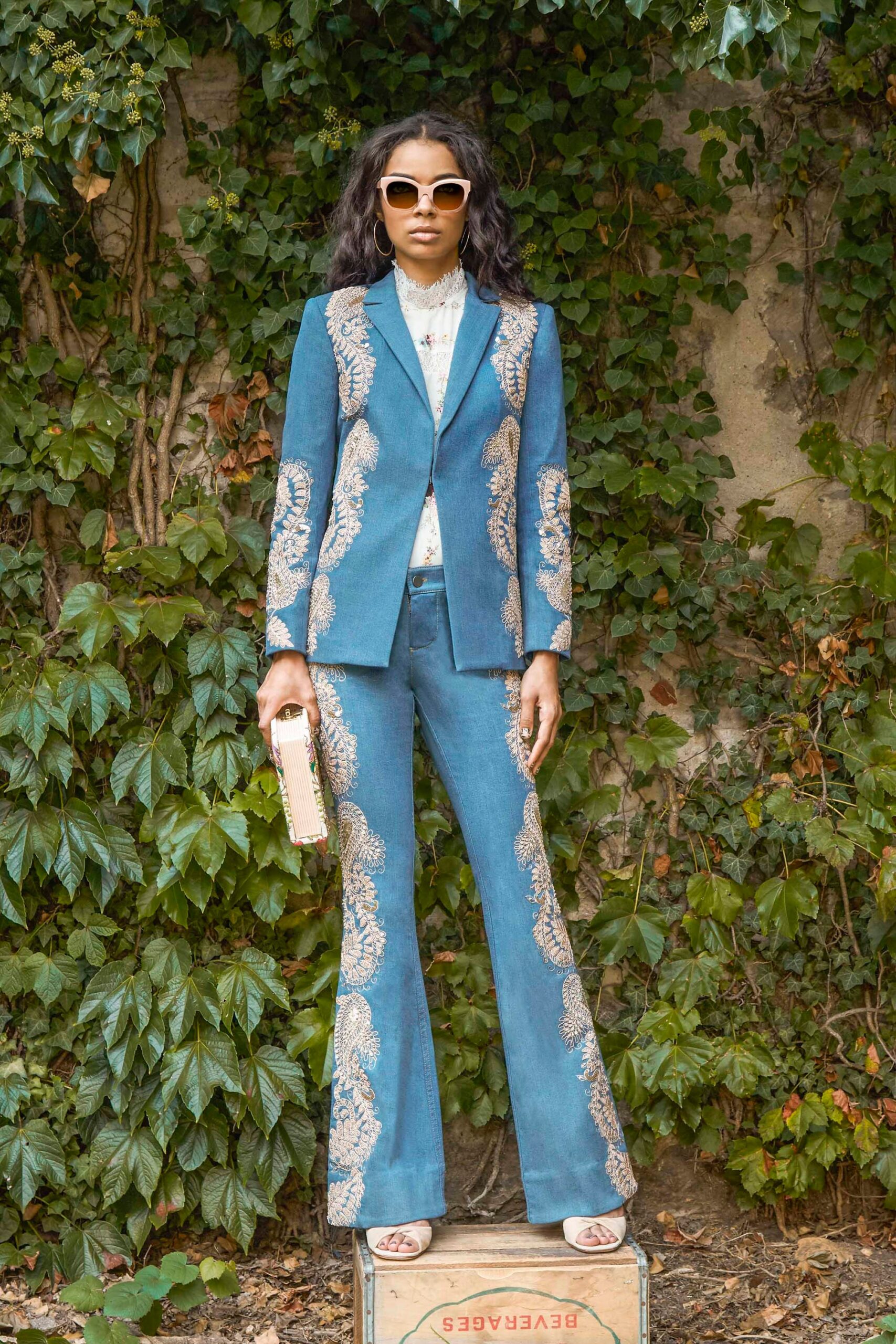 blue denim long-sleeve collared fitted embroidered flared suit