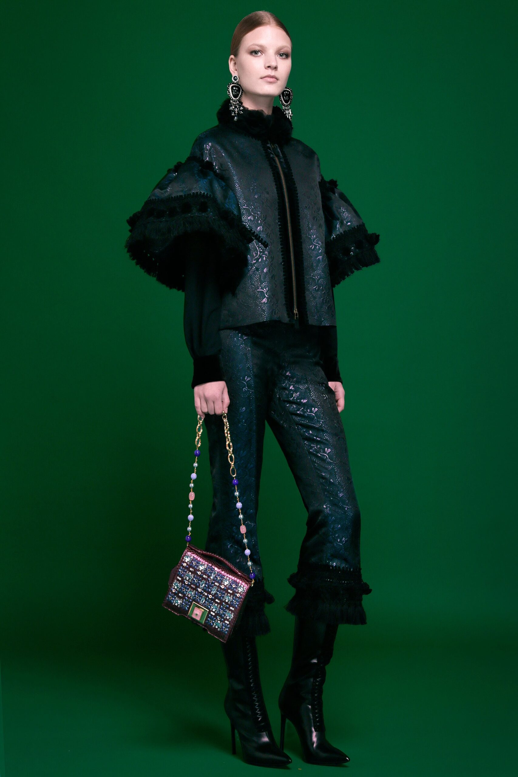 black silk fitted jacket and pants