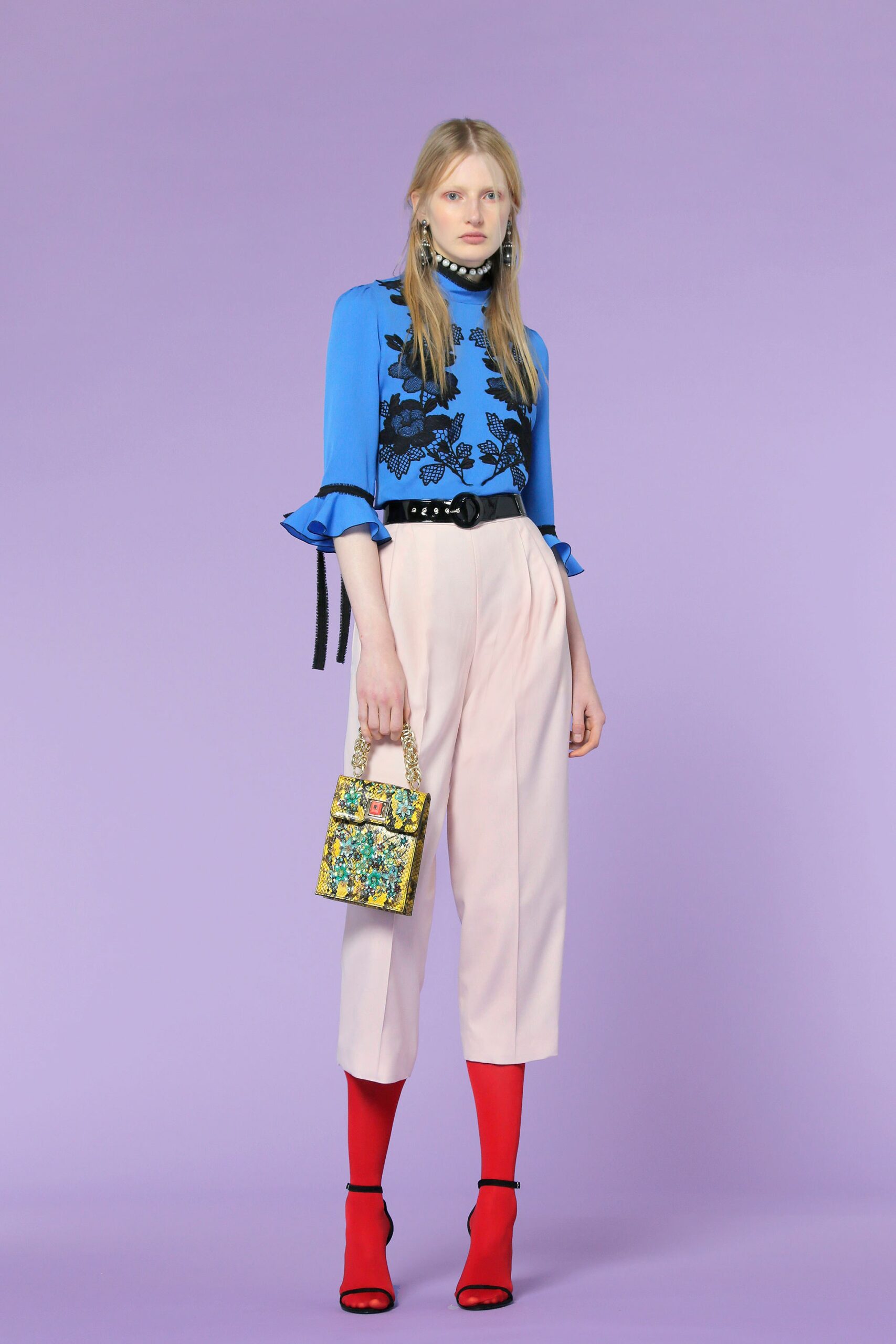 blue long-sleeve collared fitted embroidered top