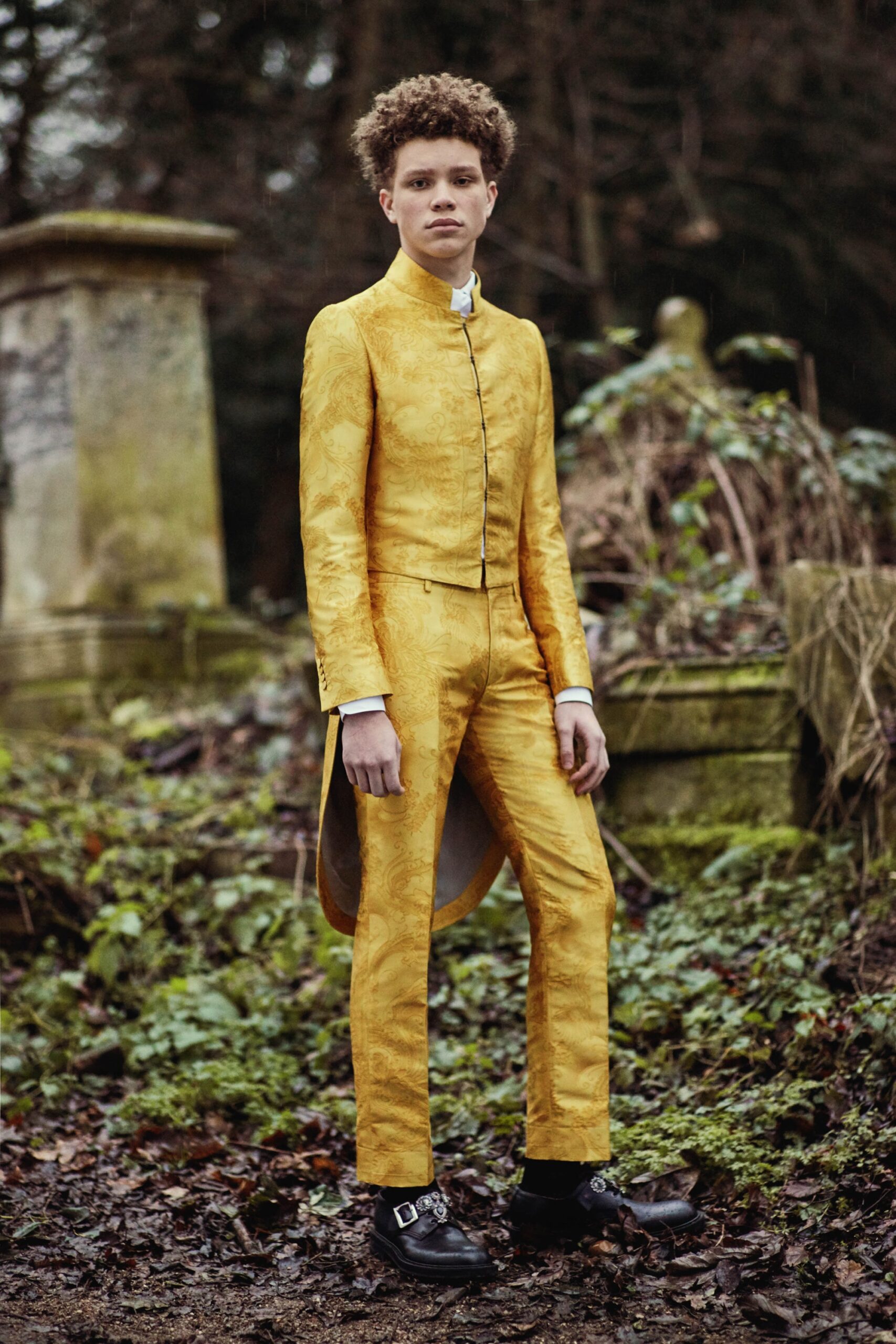 fitted yellow silk suit