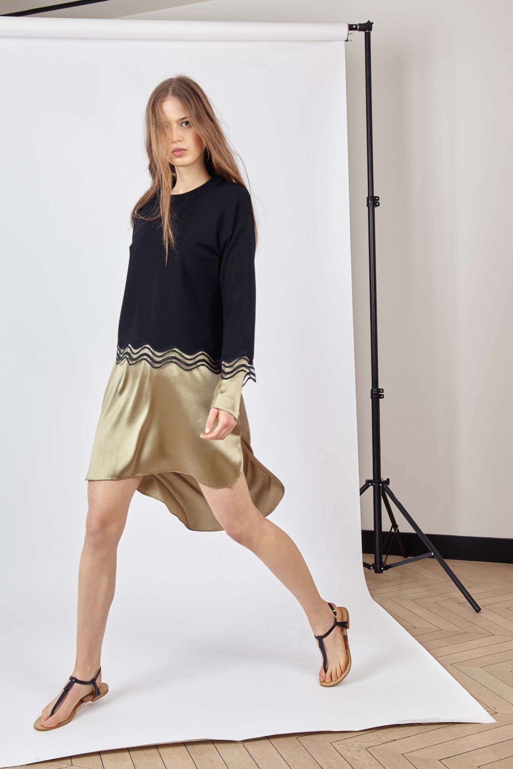 black top beige asymmetric dress