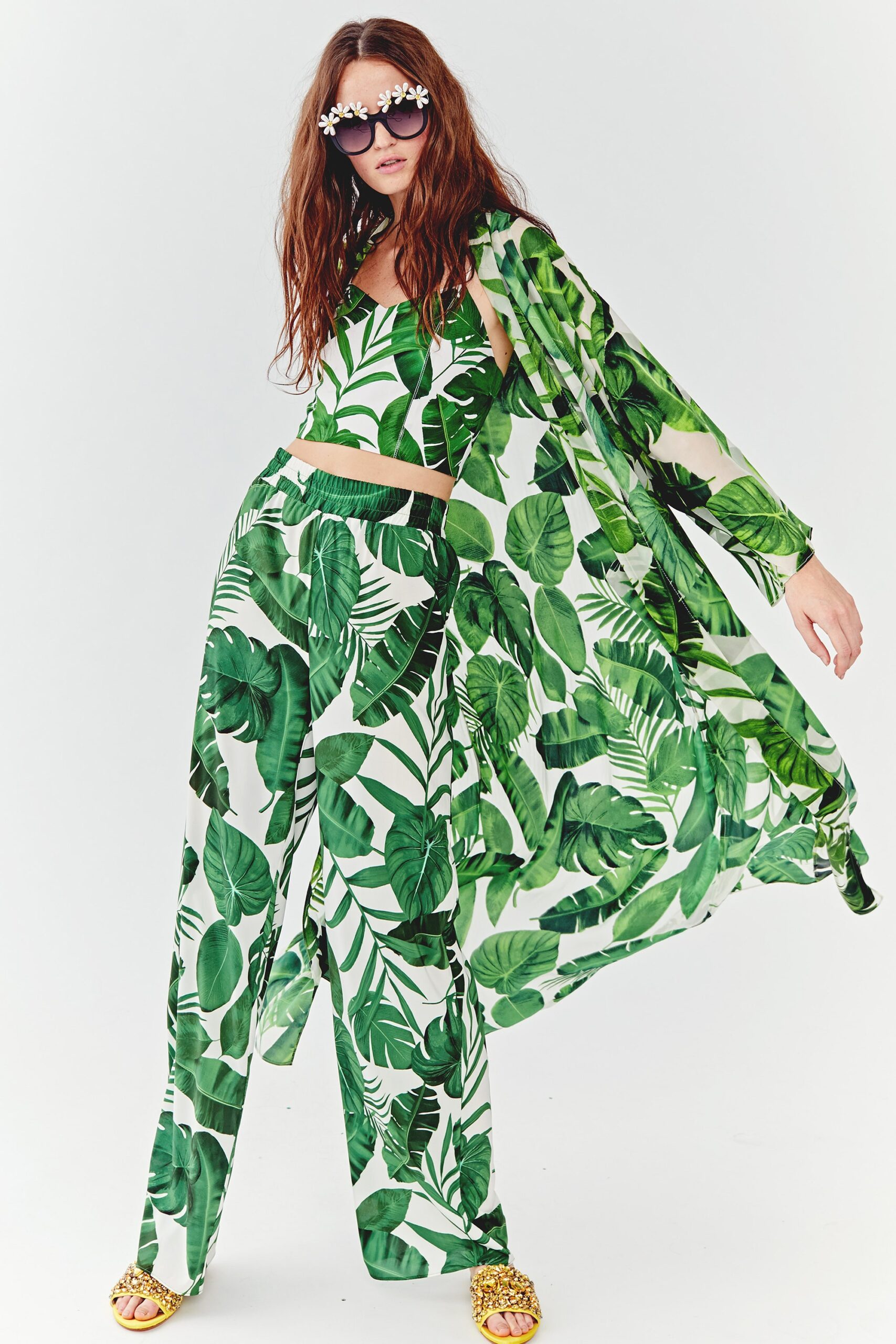 green printed chiffon top and pants