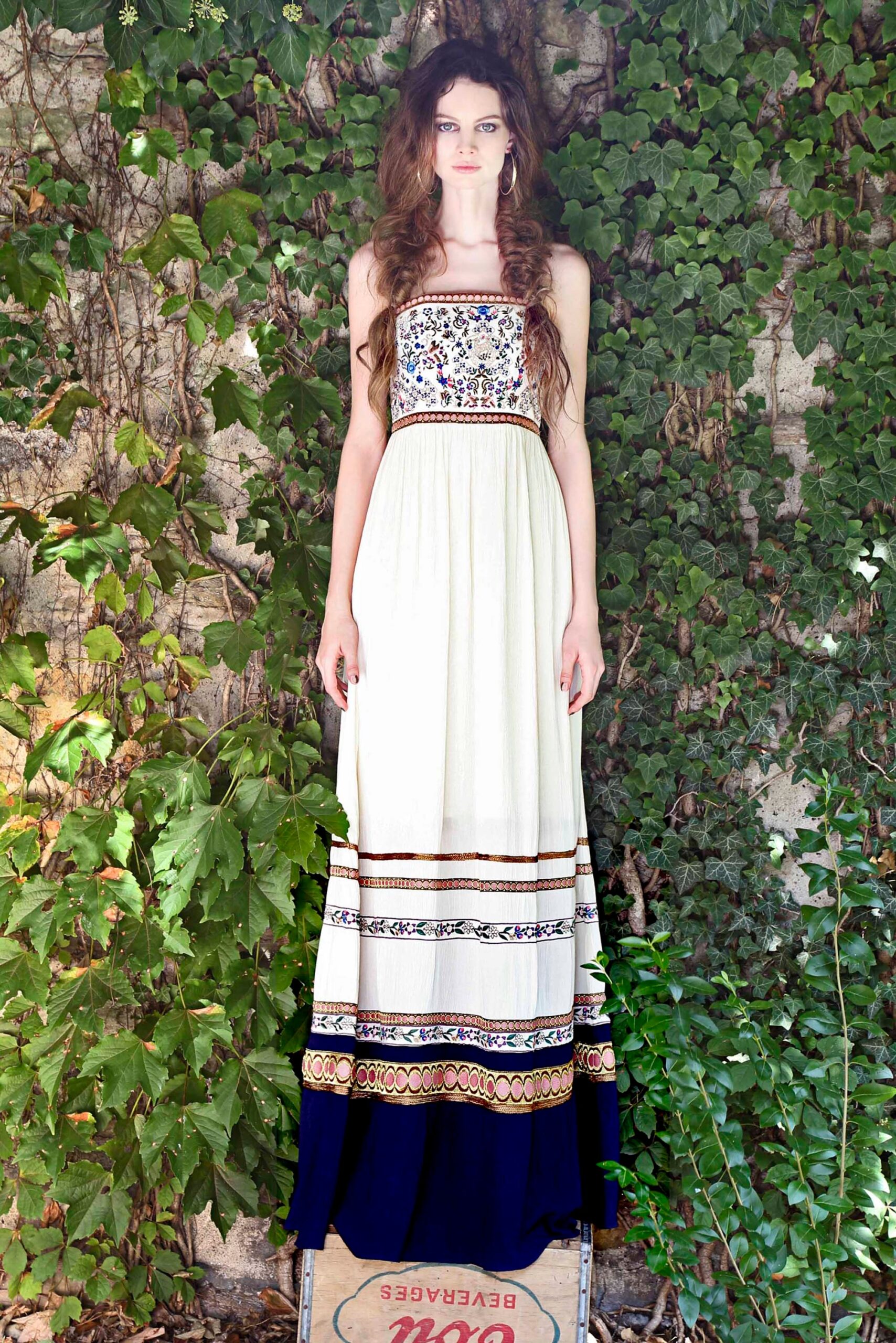 white and blue embroidered maxi dress