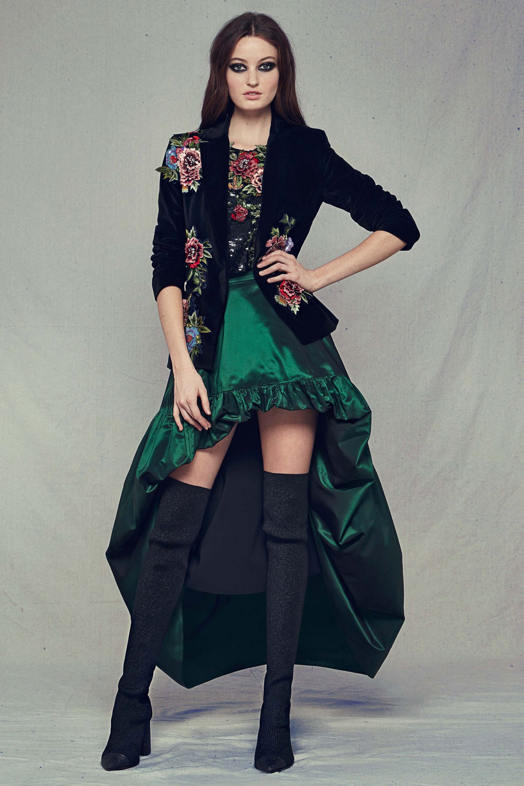 black velvet blazer with green skirt