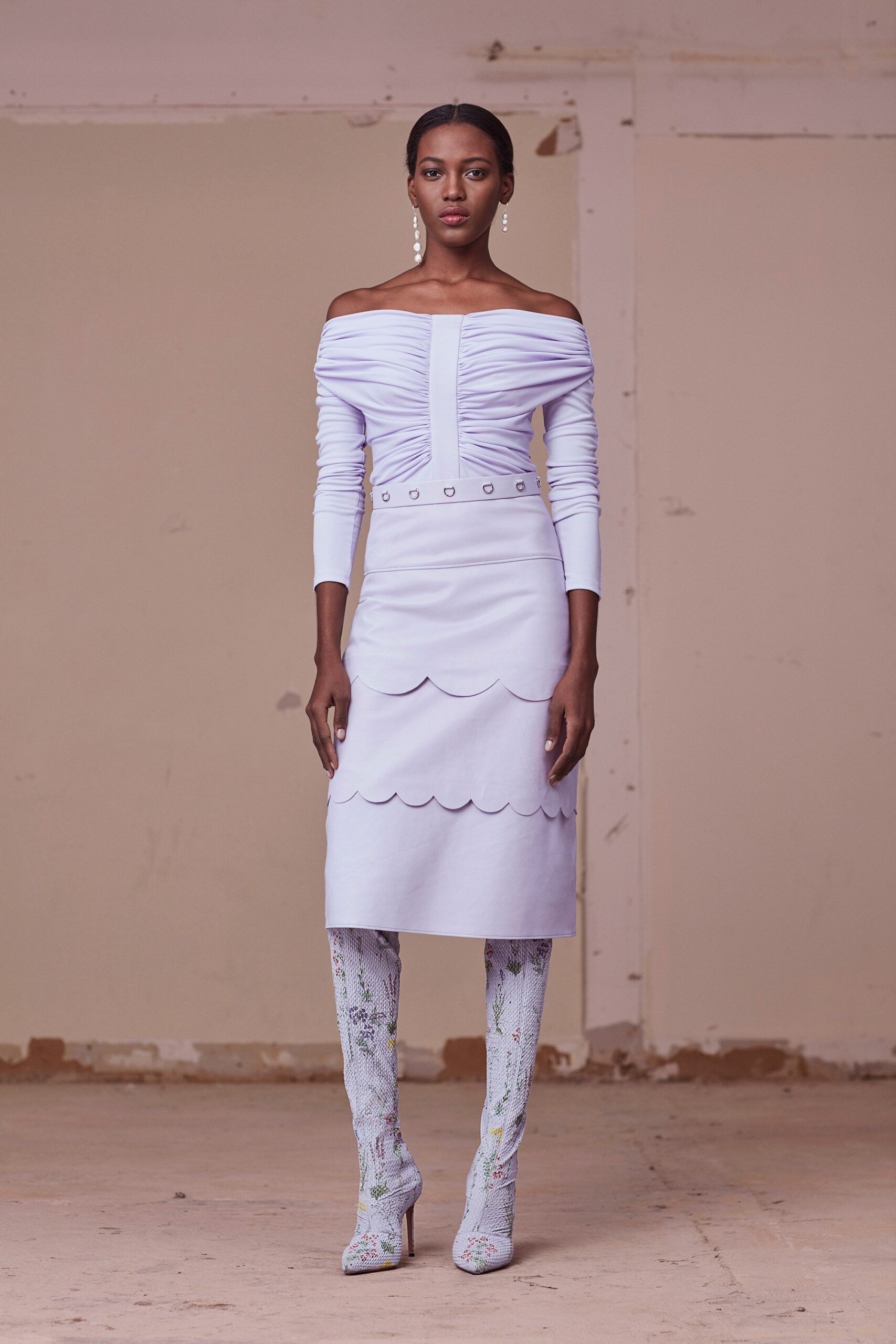 white off-shoulder midi dress with printed boots