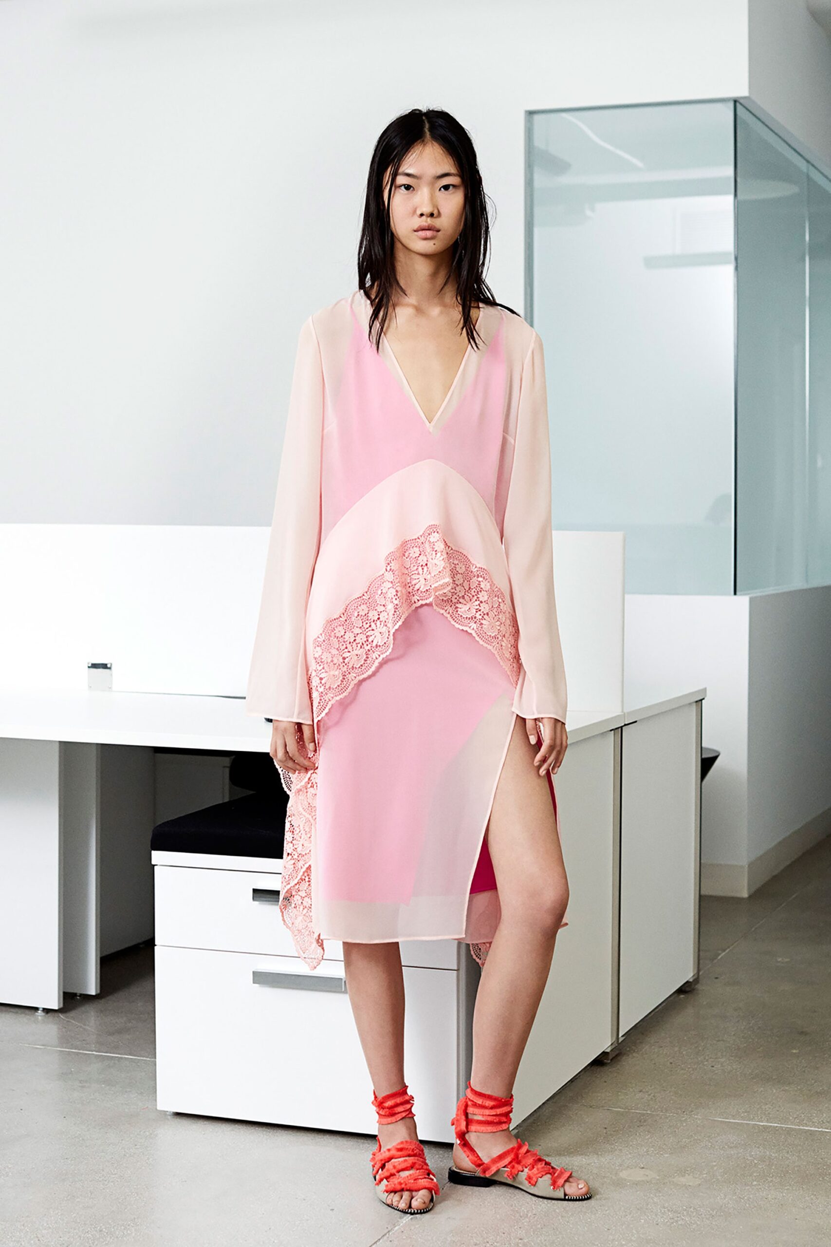 pink layered midi dress with red shoes