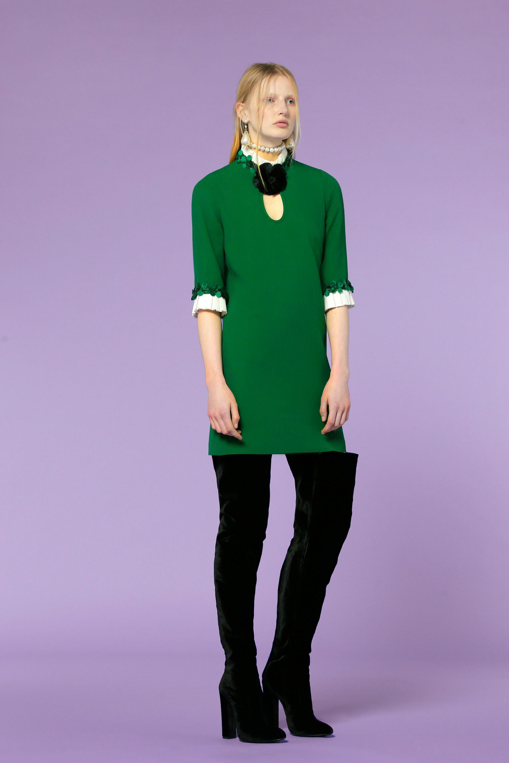 green cotton high-neck cutout fitted straight-leg short dress
