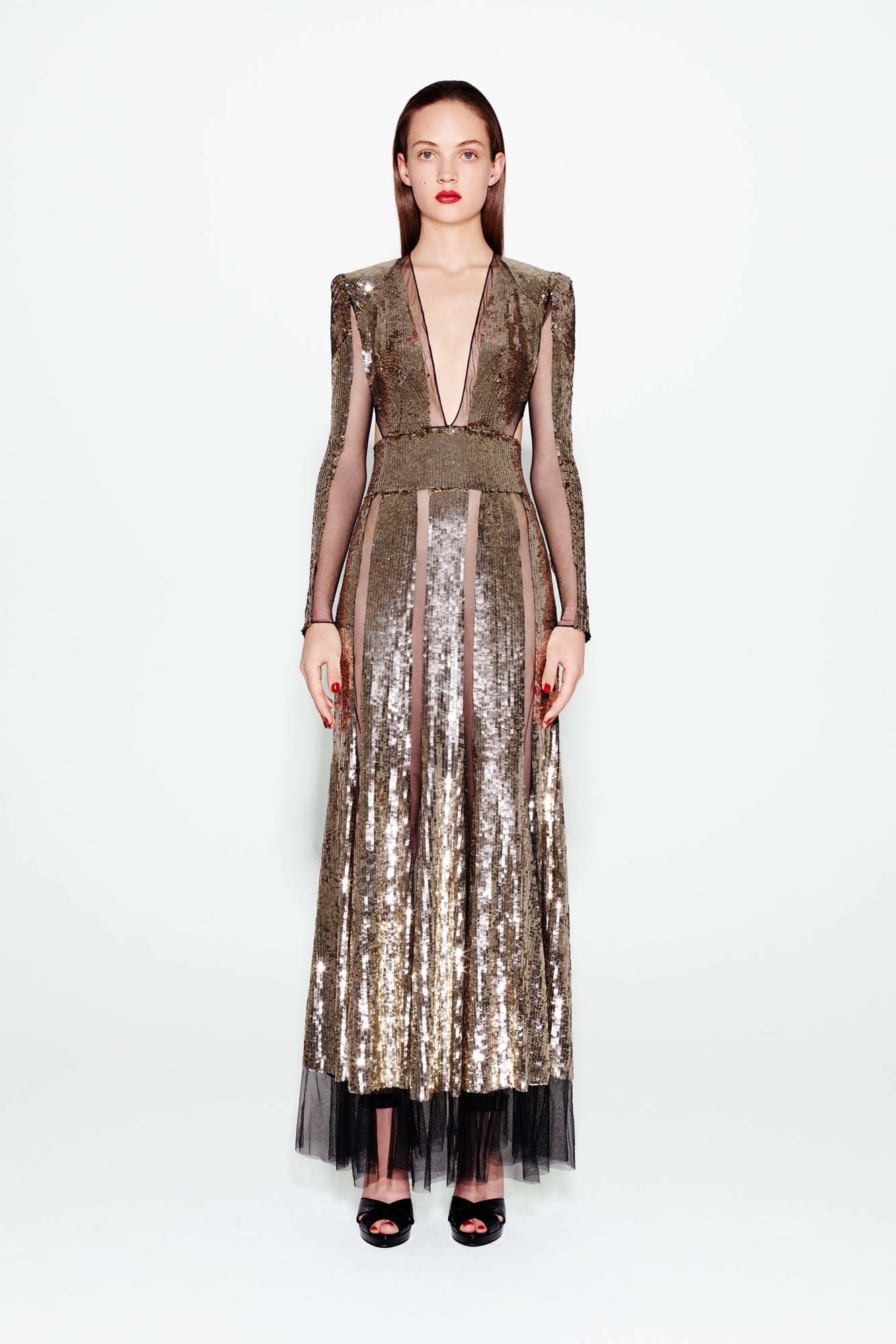 gold sequin long-sleeve gown