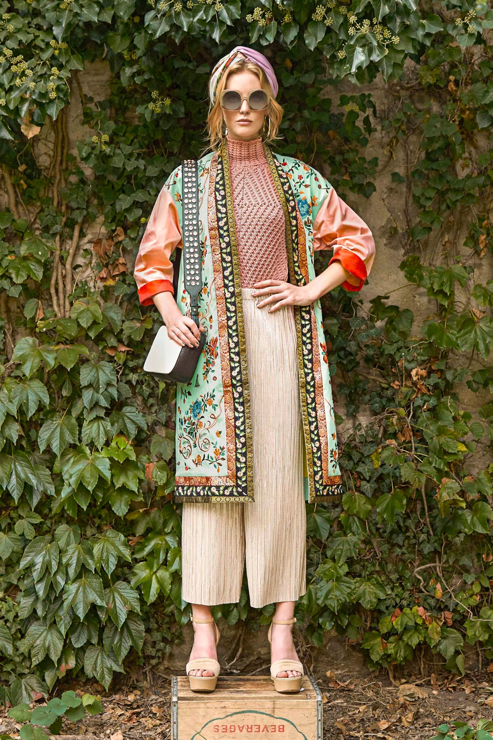 multi silk long-sleeve collared relaxed embroidered layered coat