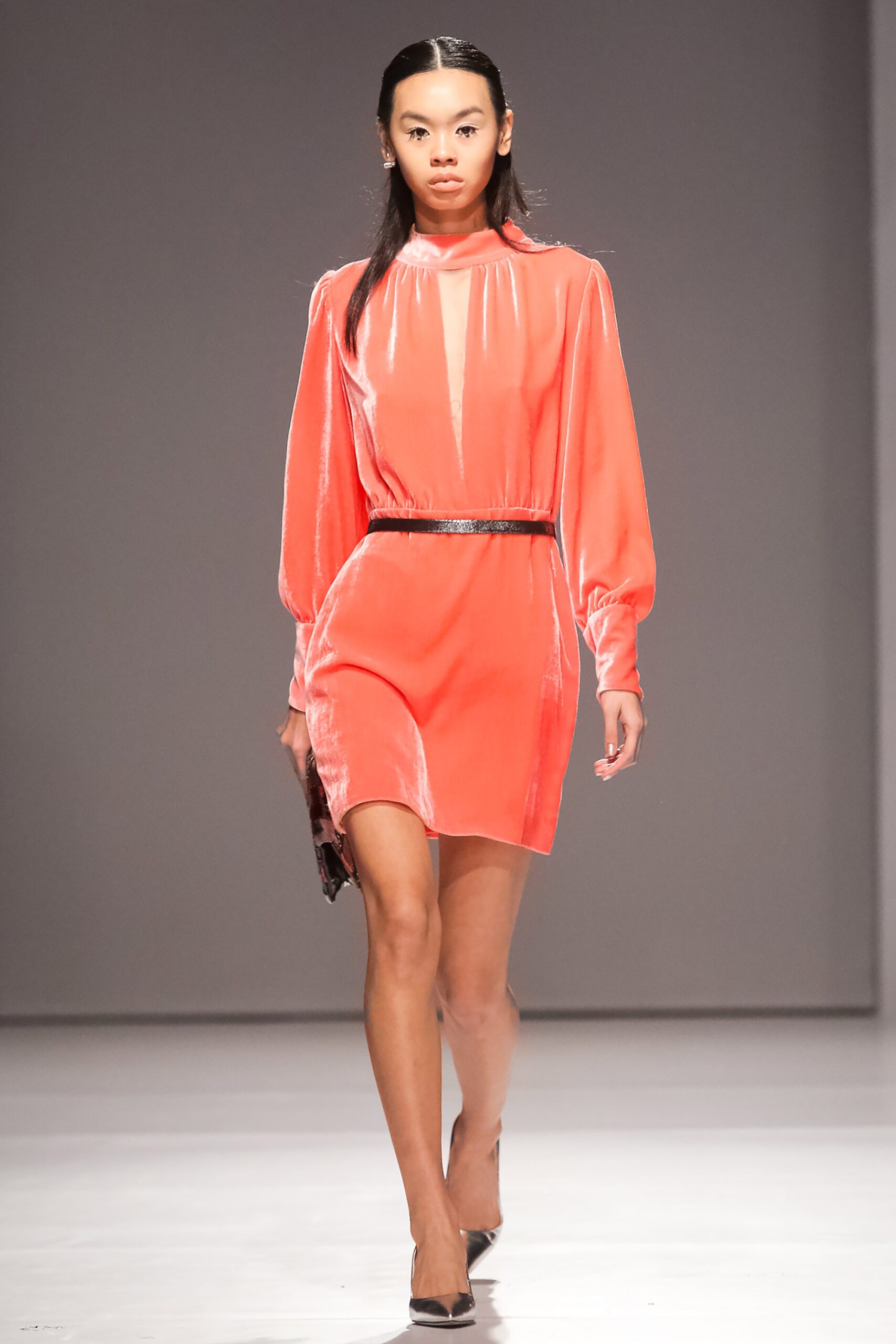 fitted orange velvet dress