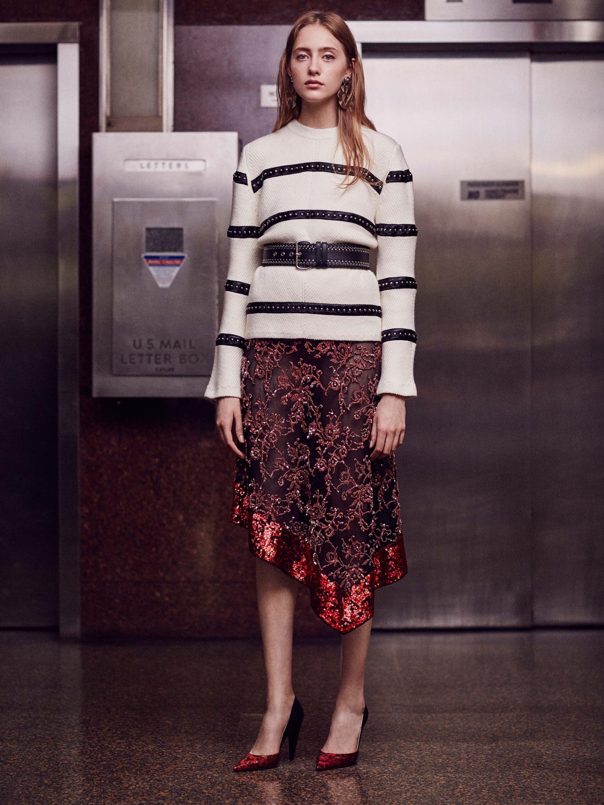 red silk asymmetric fitted embroidered sequined shiny skirt