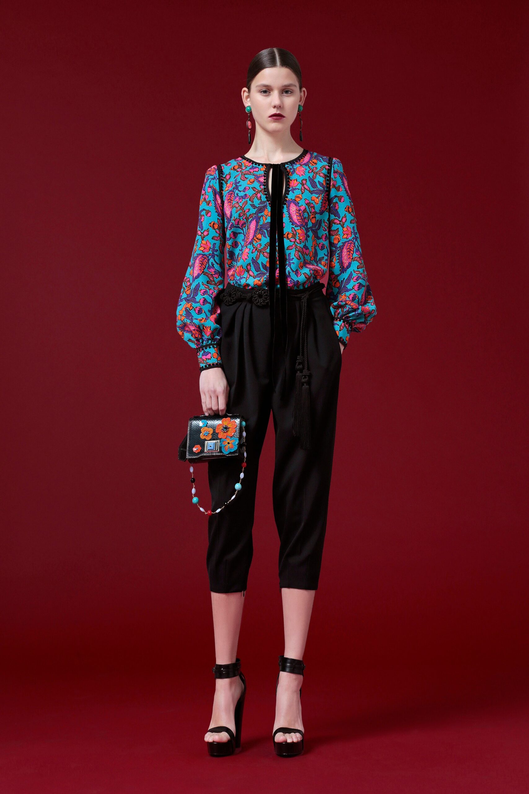 colorful printed blouse with cropped pants