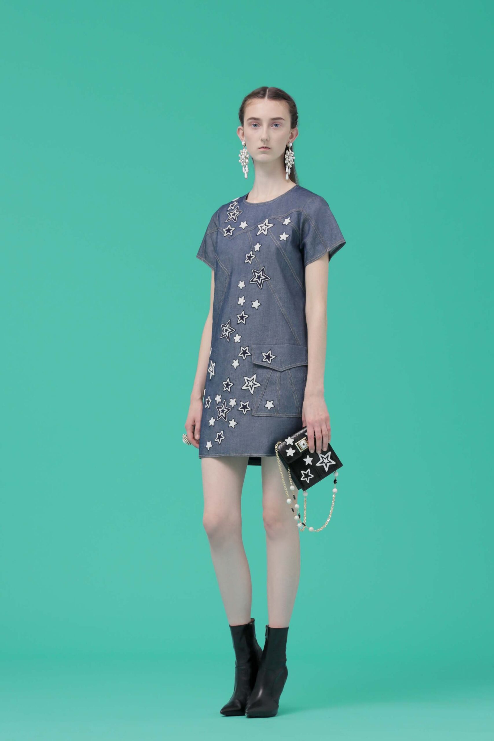 blue denim short-sleeve collared fitted embroidered mini mini-dress