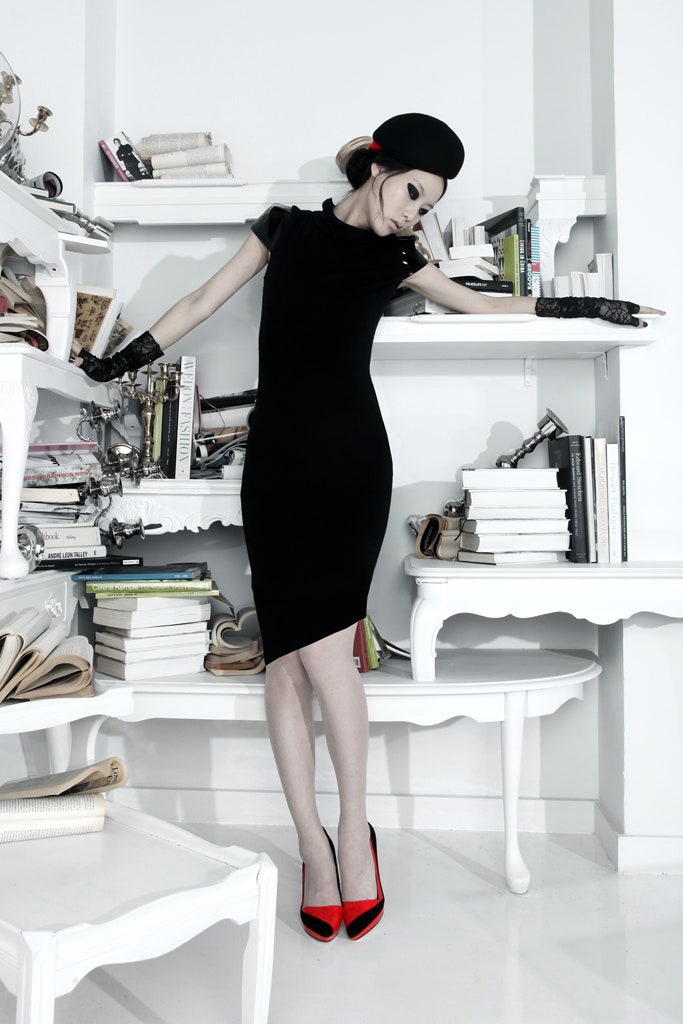 black cotton sleeveless high-neck fitted pencil midi dress