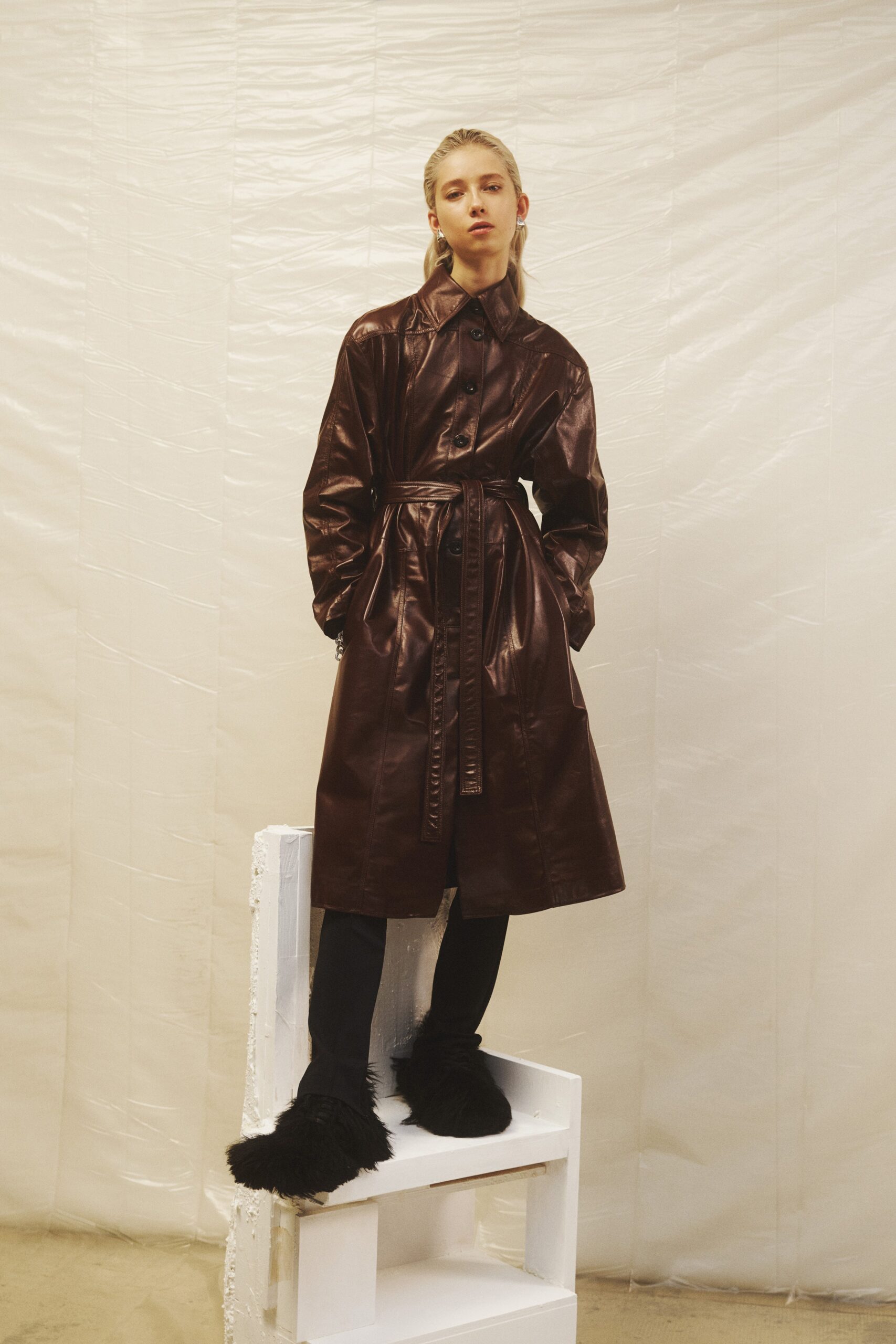 brown leather belted coat