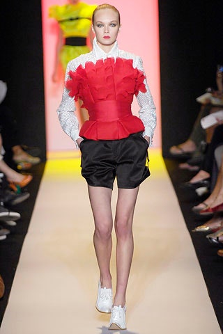 red cotton long-sleeve collared fitted ruffled blouse