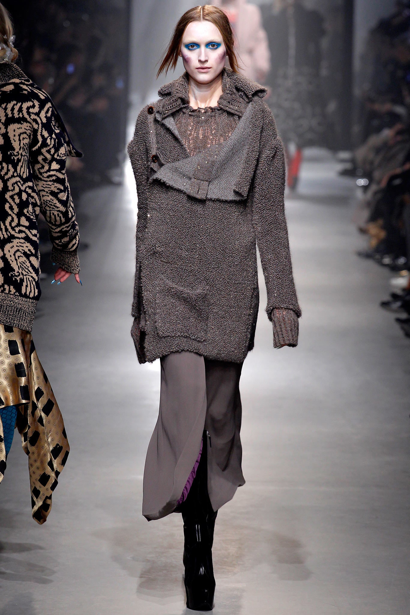 gray oversized coat with beige dress
