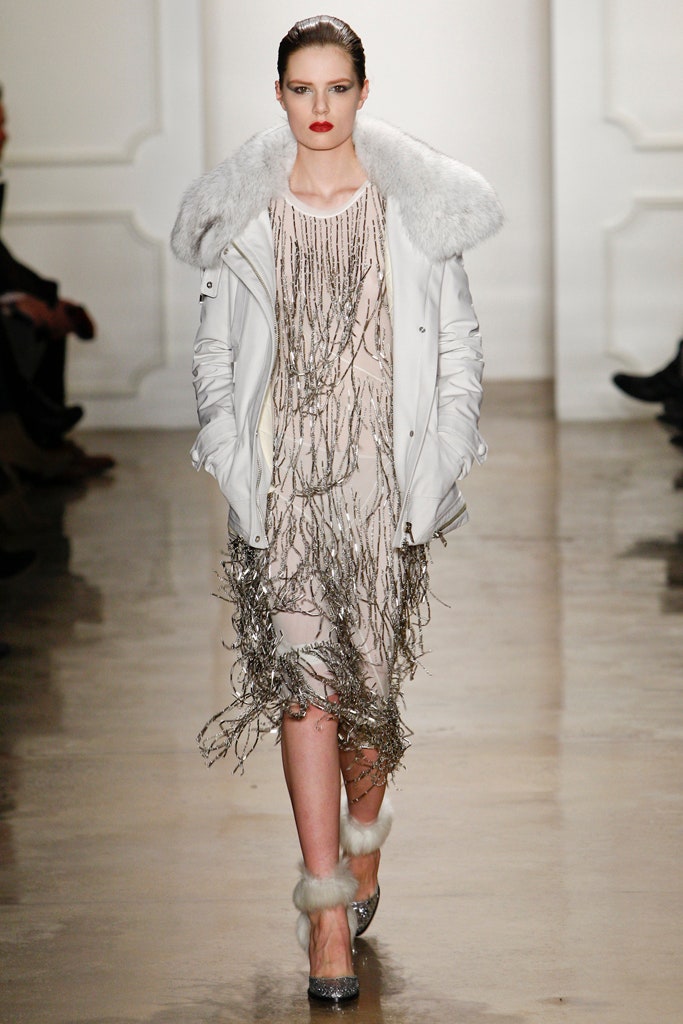 pink fringed midi dress with white coat