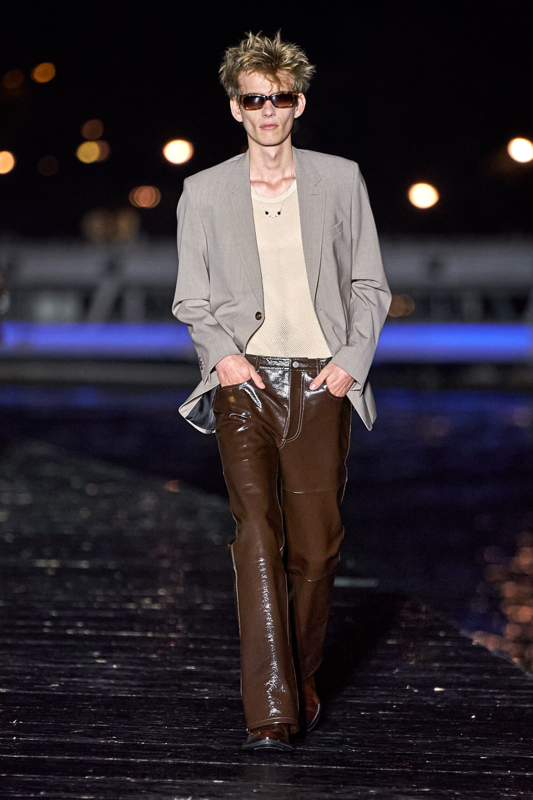 beige tailored blazer with brown leather pants