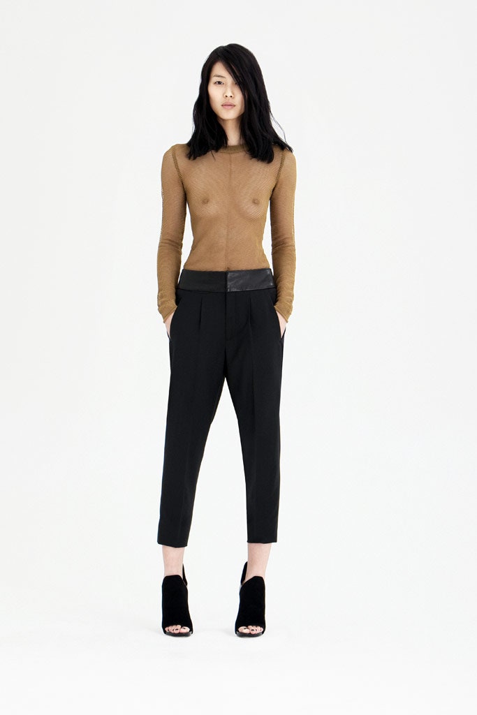 brown silk long-sleeve v-neck fitted sheer top