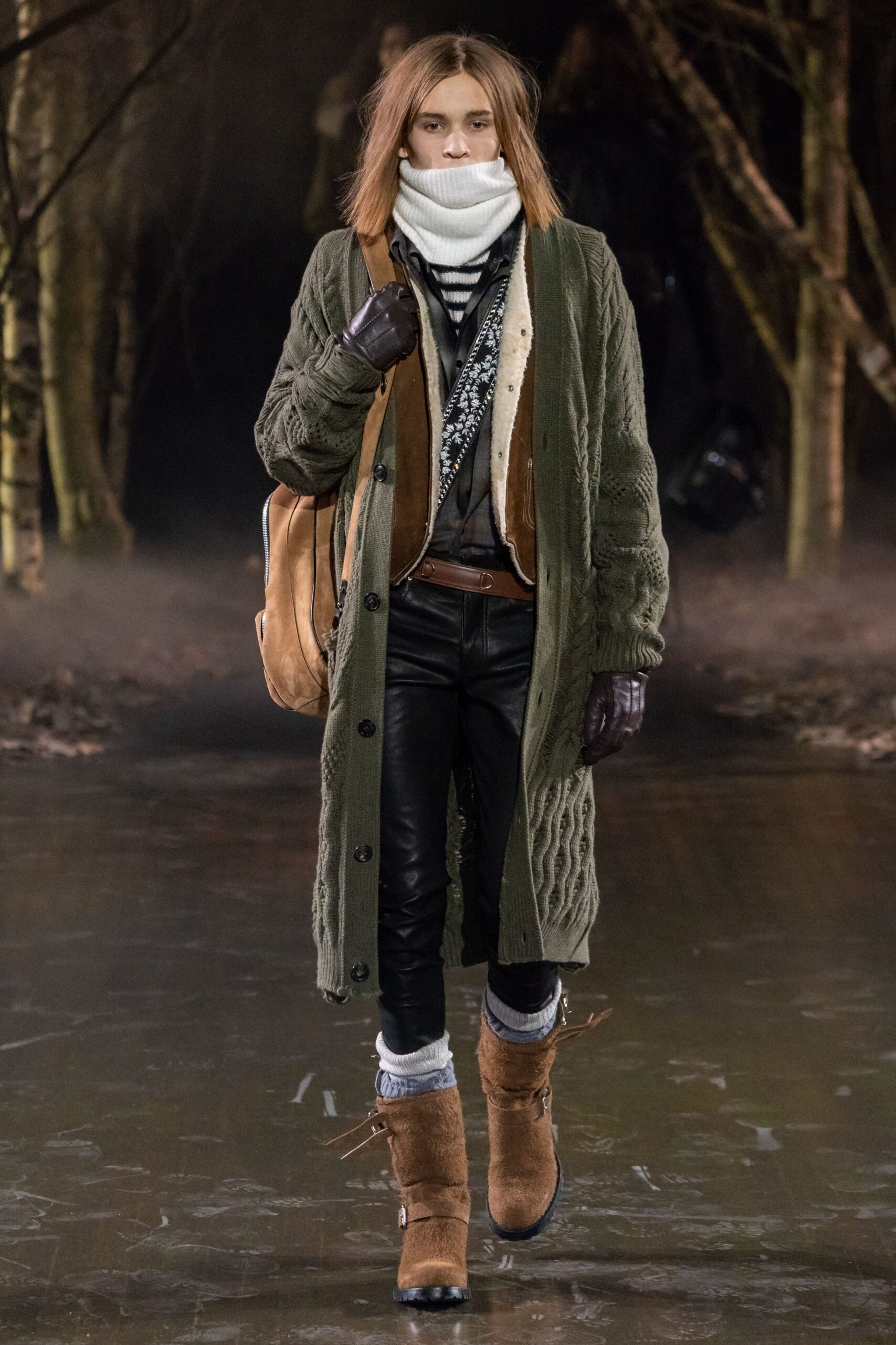 green wool coat with white sweater