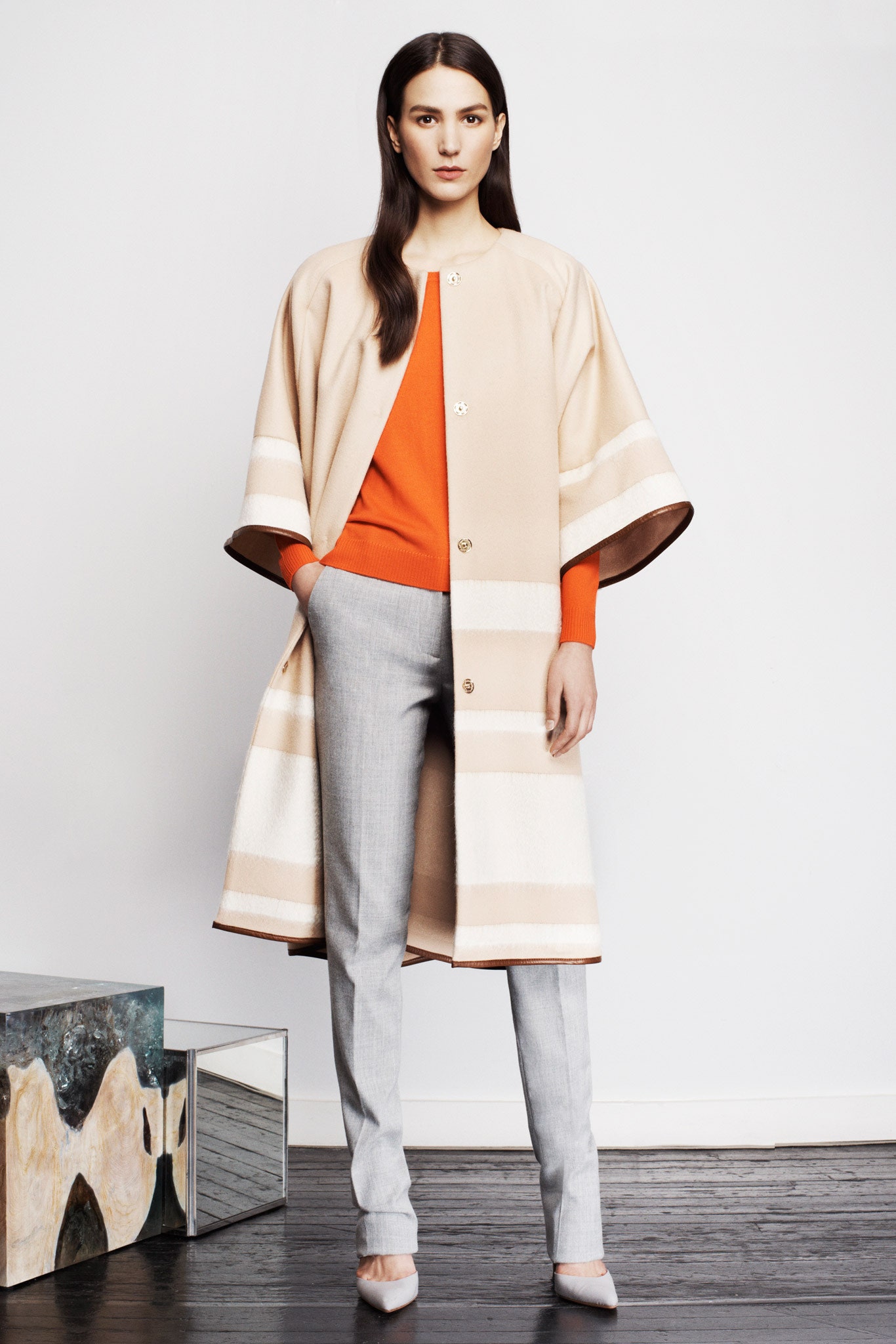 beige wool long-sleeve collared relaxed striped buttoned coat