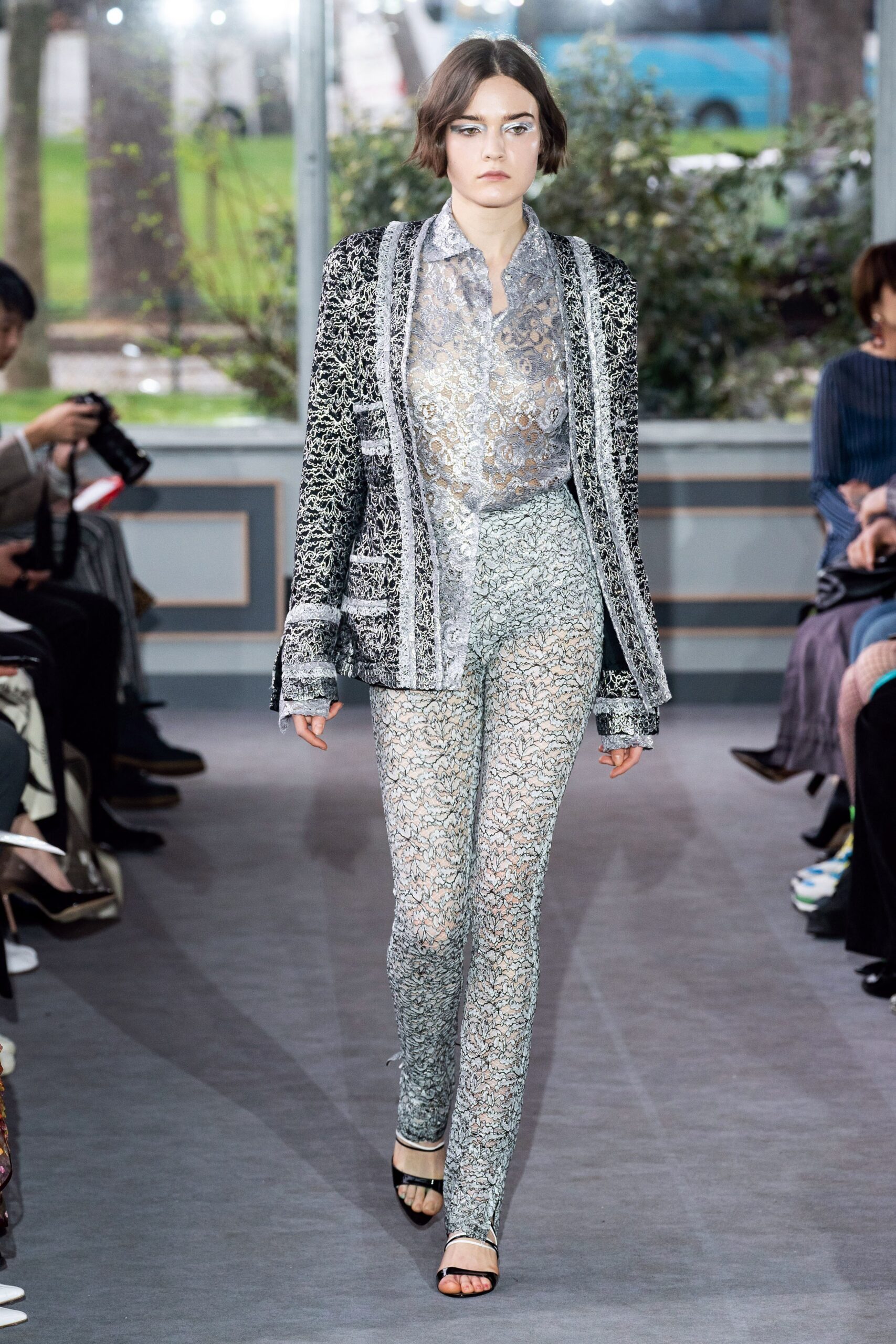 embroidered blazer and lace pants