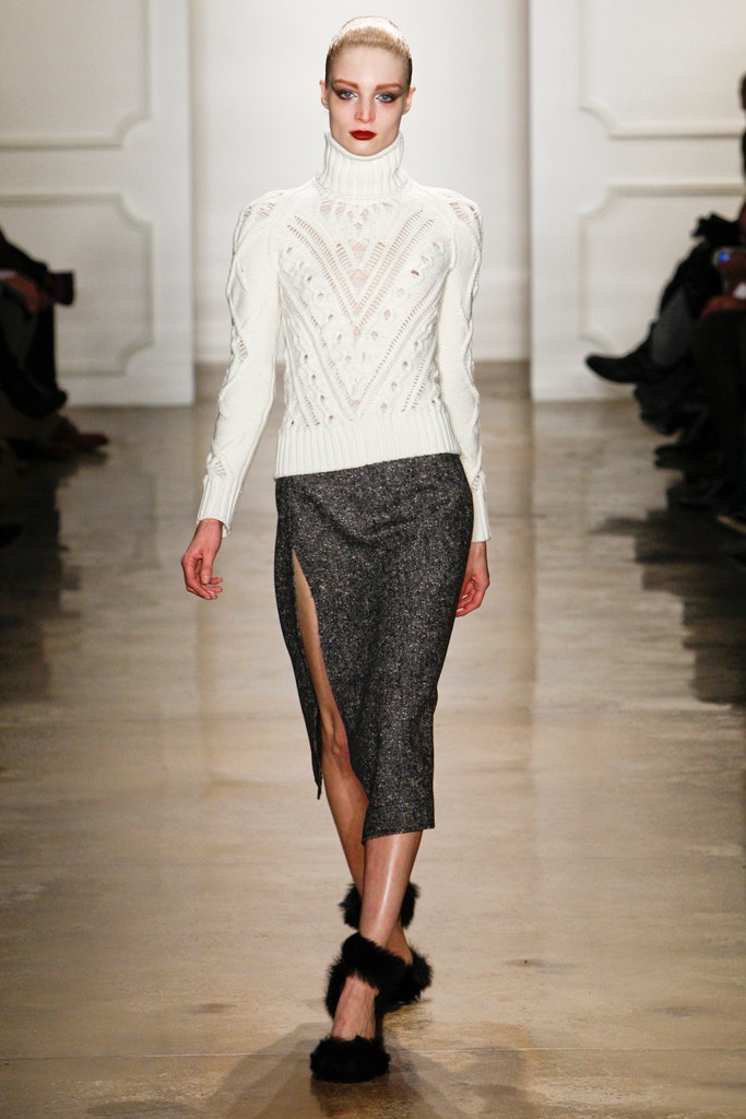 white fitted sweater gray midi skirt