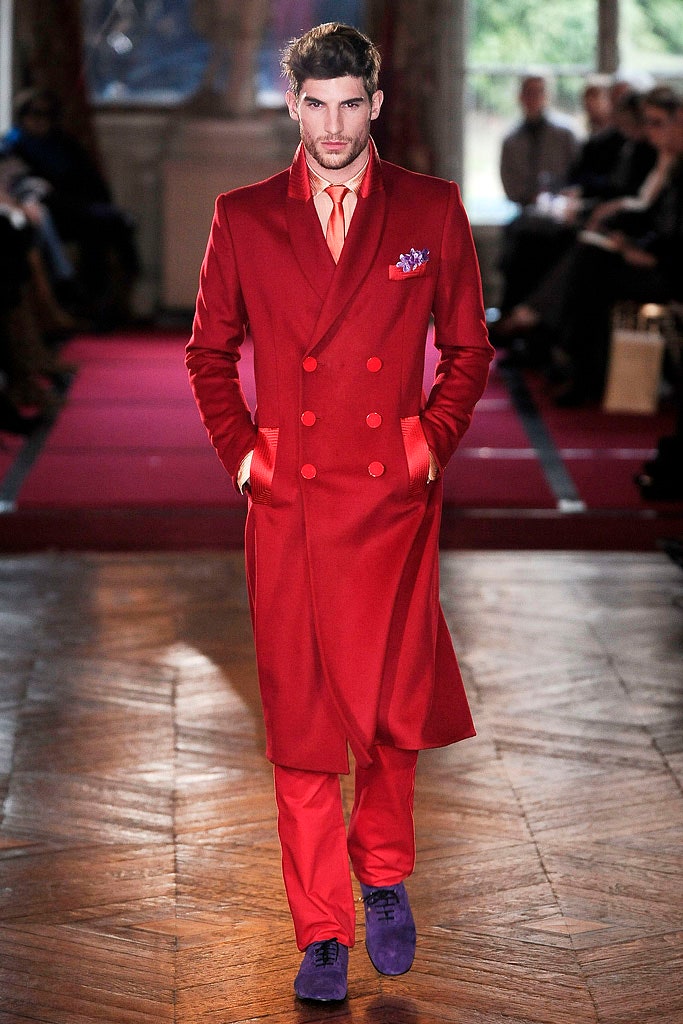 red long-sleeve double-breasted fitted buttoned coat