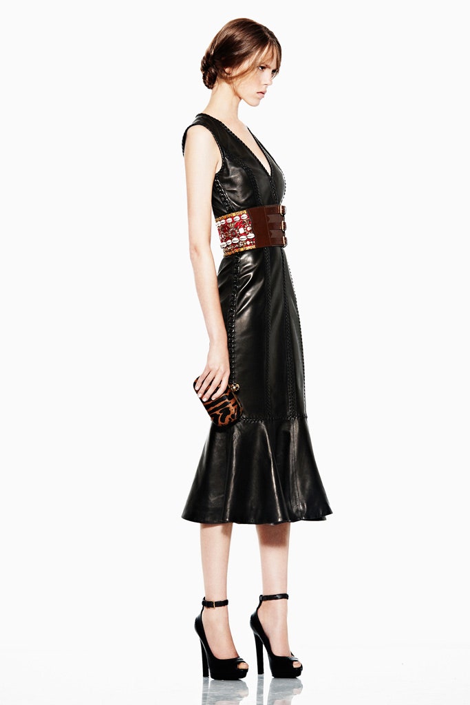 black leather fitted dress with embellished belt