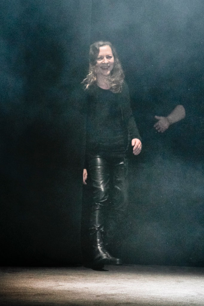 black fitted top with leather pants