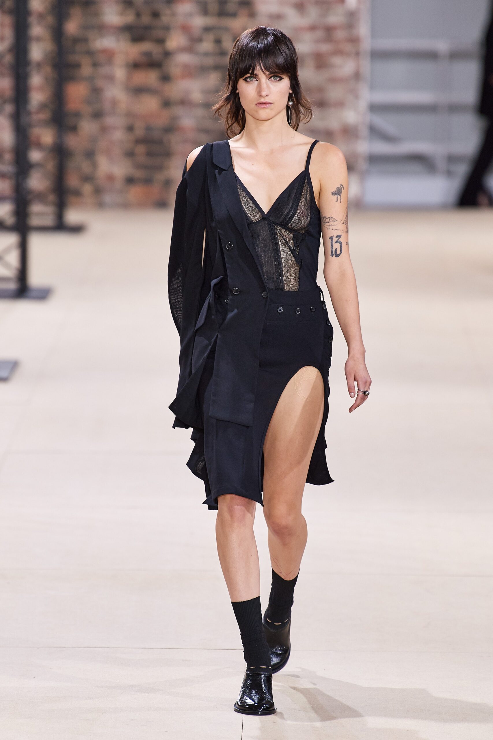 black midi dress with asymmetric jacket