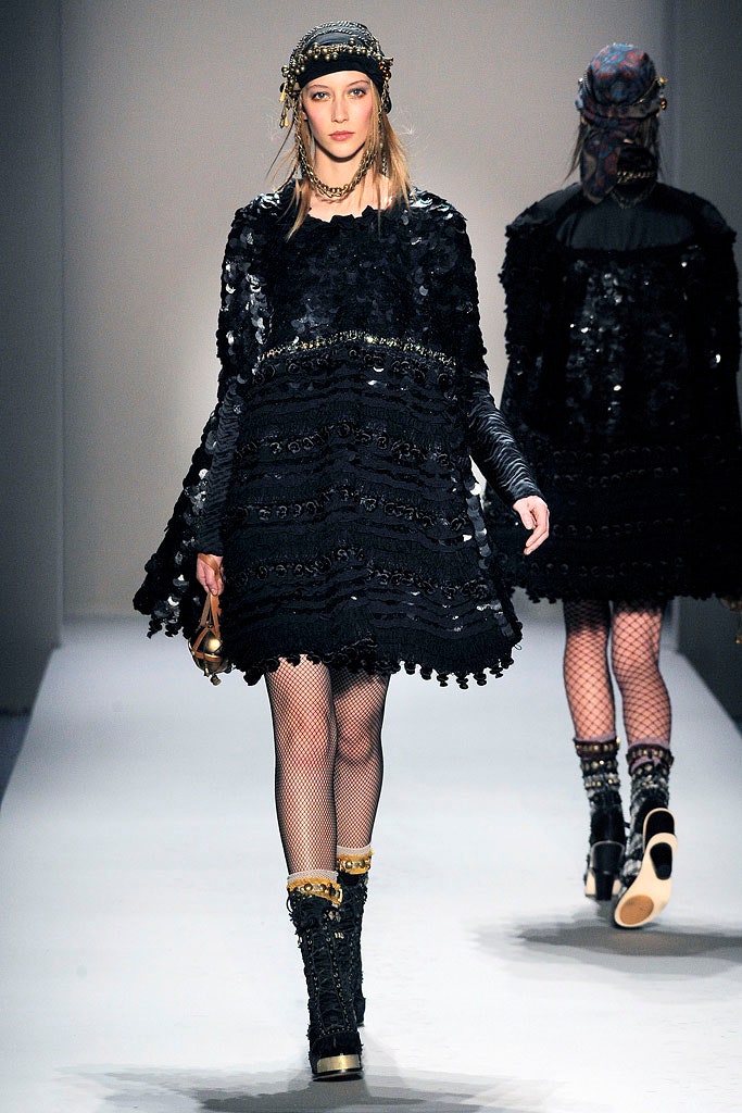 black silk long-sleeve high-neck relaxed layered fringed dress