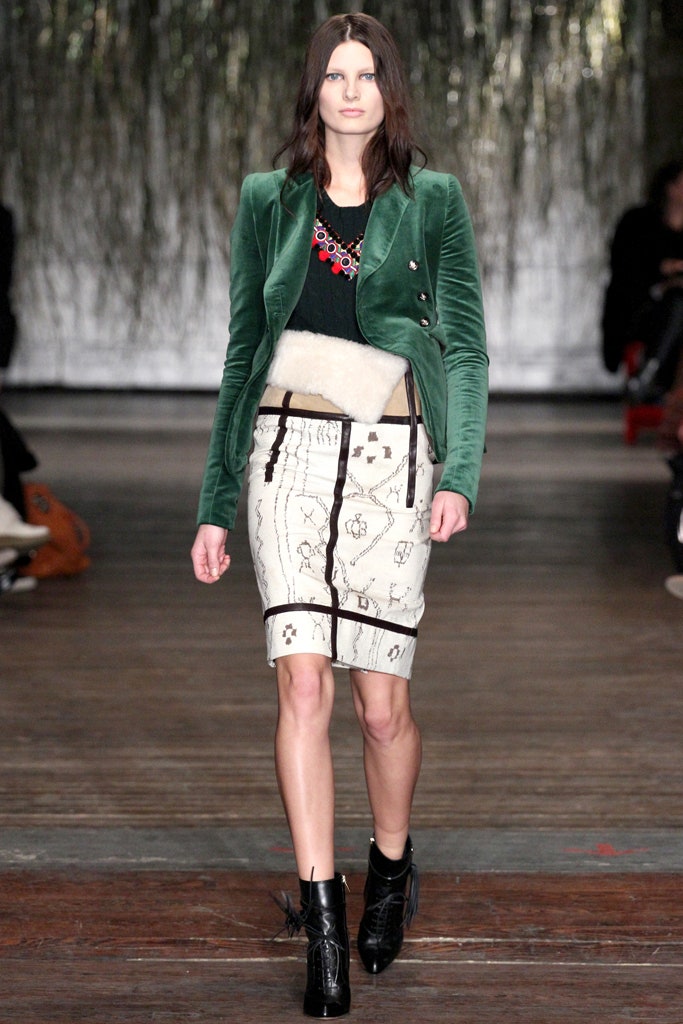 green velvet fitted jacket and white pencil skirt