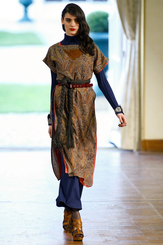 brown printed midi dress with blue pants